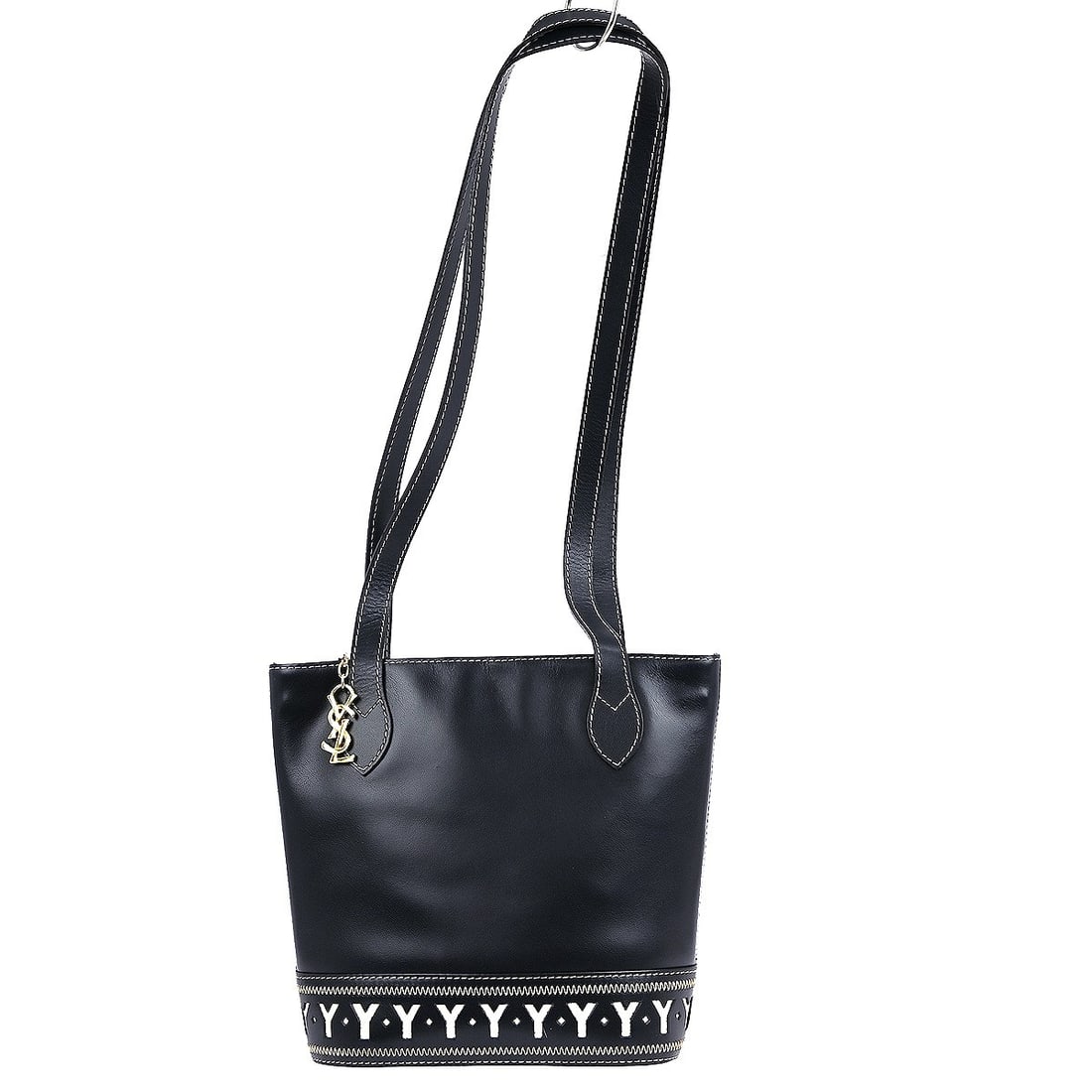 Saint Laurent Navy Leather Medium Shoulder Bag with Logo Accent: Saint Laurent Navy Leather Medium Shoulder Bag with Logo Accent Introducing the Yves Saint Laurent Navy Shoulder Bag, a stylish and versatile accessory perfect for casual occasions. This medium-sized 