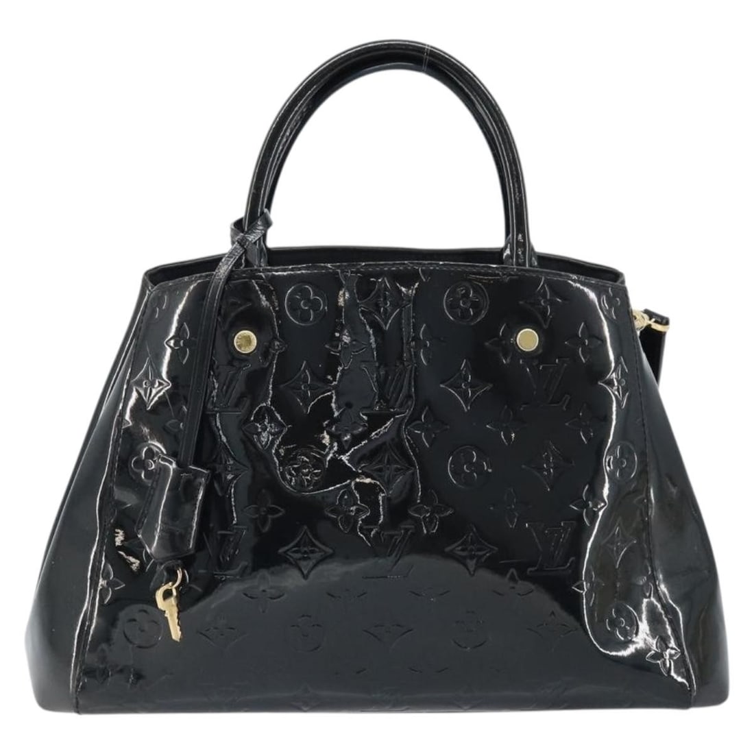 Montaigne Black Patent Leather Shoulder Bag by Louis Vuitton: Montaigne Black Patent Leather Shoulder Bag by Louis Vuitton This Louis Vuitton Montaigne handbag features the iconic Monogram Vernis design in black patent leather. Made for women, it offers a spacio