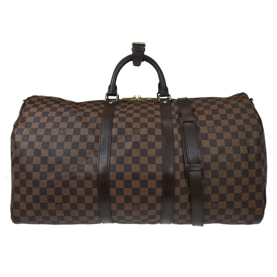 Louis Vuitton Keepall Bandouliere 55 Damier Brown Duffle Bag: Louis Vuitton Keepall Bandouliere 55 Damier Brown Duffle Bag This Louis Vuitton Keepall Bandouliere 55 duffle bag features the iconic Damier canvas in brown with leather accents and the signature logo