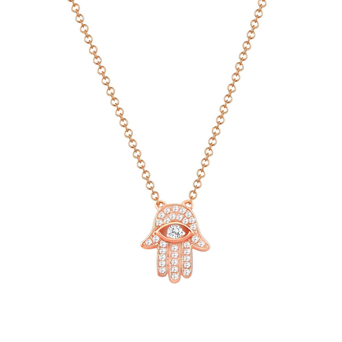 Sabrina Designs Co. 14K Rose Gold Diamond Hamsa Evil Eye Necklace 0.11 CTW: Sabrina Designs Co. 14K Rose Gold Diamond Hamsa Evil Eye Necklace 0.11 CTW This pre-owned women's necklace features a round Hamsa pendant with an evil eye design, crafted in 14K rose gold. The necklac
