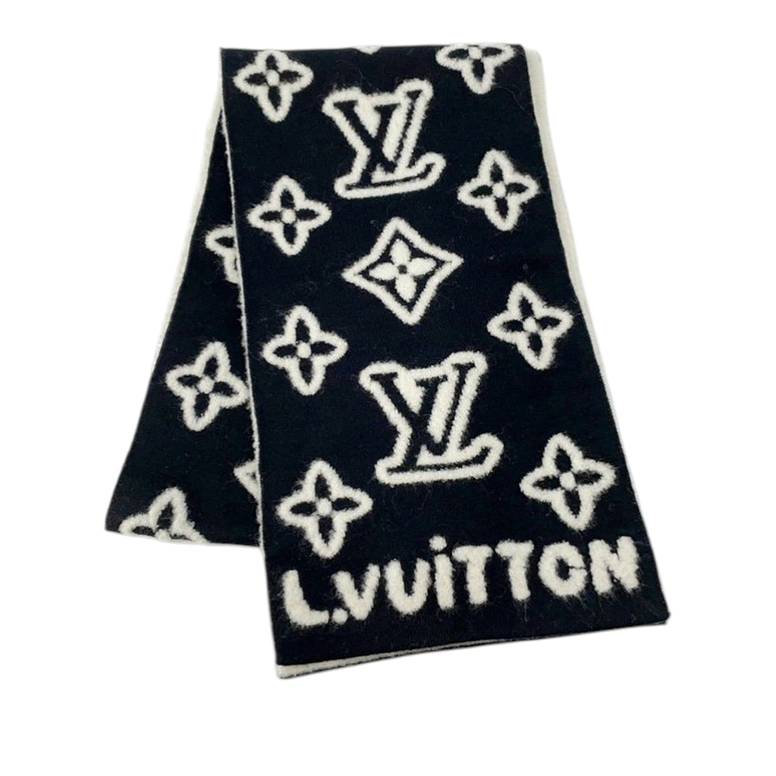 Reversible Wool Scarf with 3D Jacquard Monogram by Louis Vuitton: Reversible Wool Scarf with 3D Jacquard Monogram by Louis Vuitton This Louis Vuitton Monogram Hip Knitted Reversible Scarf features a wool body with a 3D jacquard knit monogram. The scarf is reversible