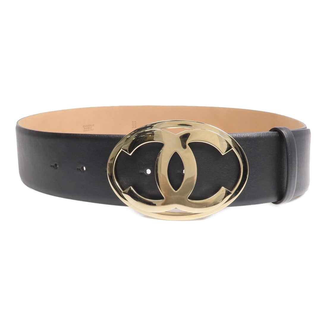 Chanel Black Calfskin Leather Belt with Gold Tone CC Buckle: Chanel Black Calfskin Leather Belt with Gold Tone CC Buckle This CHANEL women's belt features the iconic CC logo and is crafted from black calfskin leather. The belt is designed in a regular size and 
