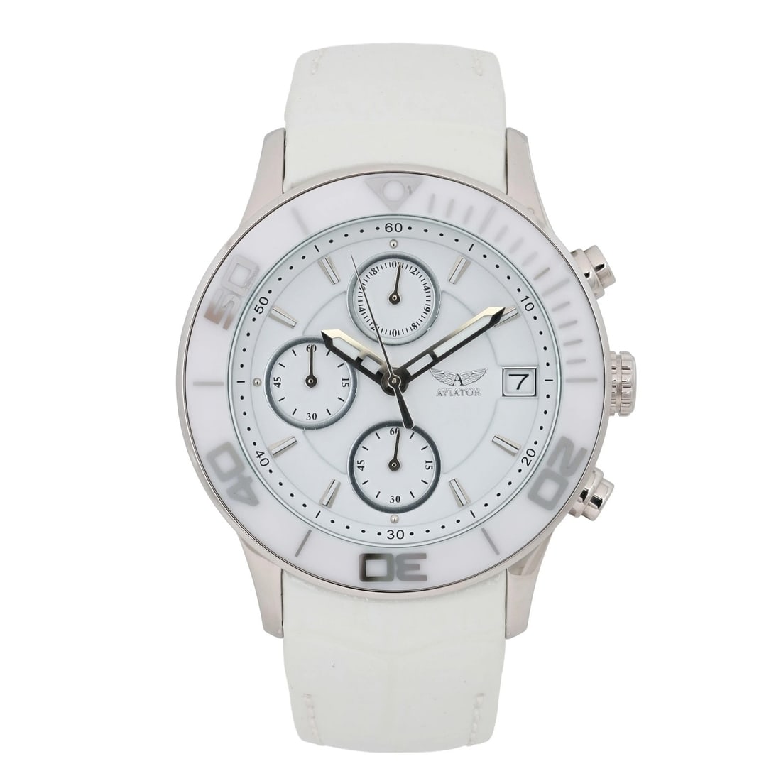 Aviator AVW9228L71 Ladies Quartz Chronograph 39mm White Dial Leather Strap Watch: Aviator AVW9228L71 Ladies Quartz Chronograph 39mm White Dial Leather Strap Watch Discover the elegance of the Aviator Chronograph Ladies Quartz Watch, featuring a stylish 39mm round case with a sleek 