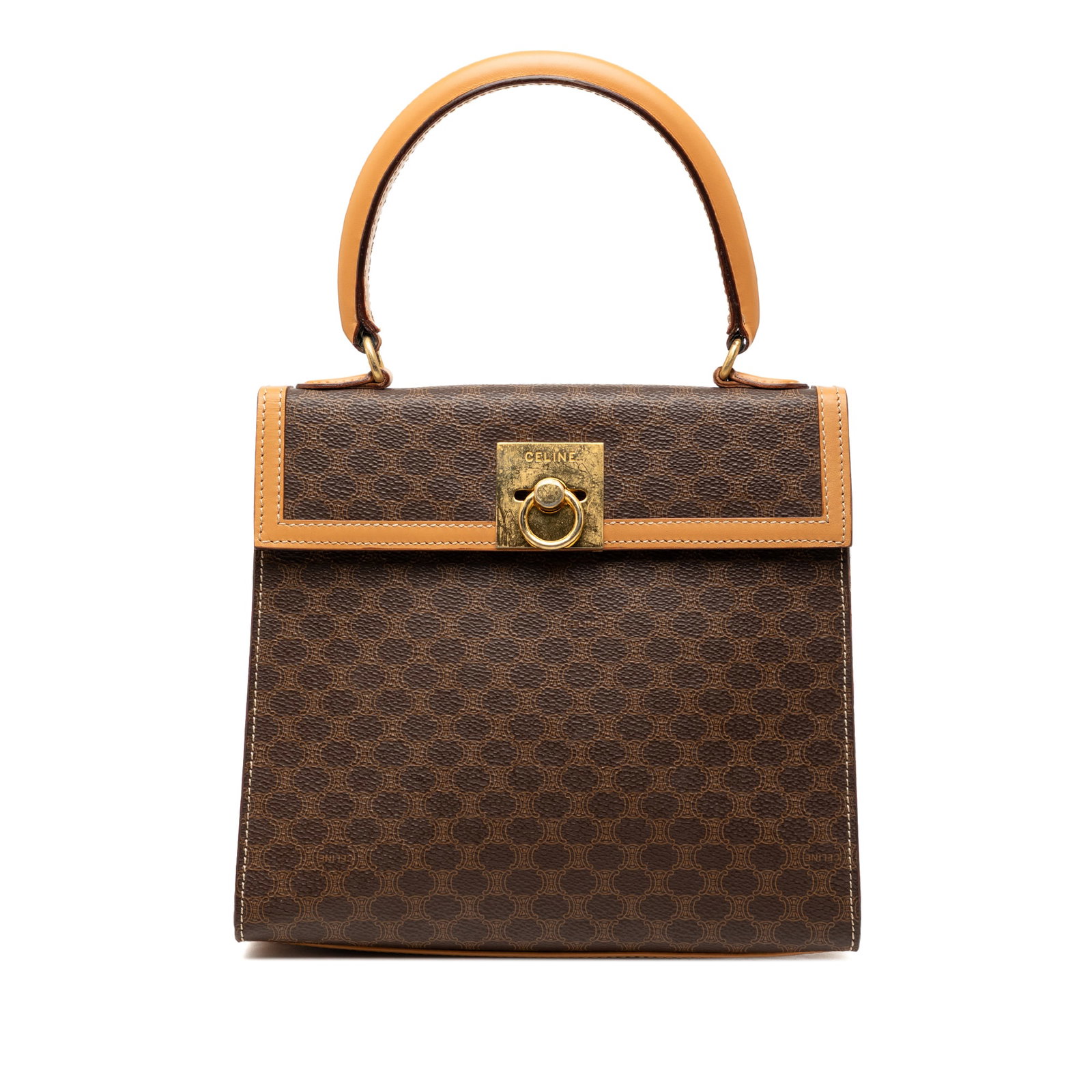 Celine Macadam Brown Coated Canvas Bag with Leather Trim and Flip Lock: Celine Macadam Brown Coated Canvas Bag with Leather Trim and Flip Lock This Celine Macadam handbag is crafted from coated canvas with leather trim, featuring a rolled leather handle, a front flap with