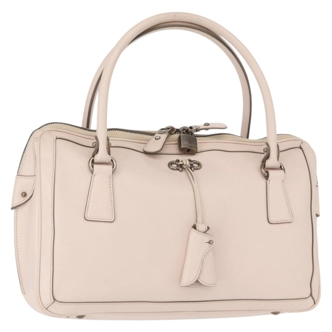 Pink Leather Gancini Tote by Salvatore Ferragamo with Padlock and Keys: Pink Leather Gancini Tote by Salvatore Ferragamo with Padlock and Keys This Salvatore Ferragamo Gancini tote bag features pink leather with a classic tote silhouette. The bag includes a padlock, two k