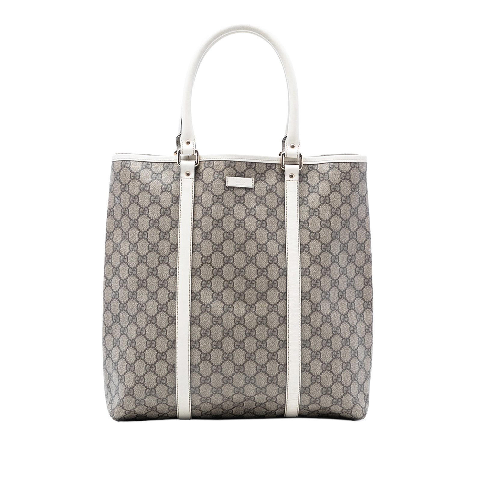 GG Supreme Joy Vertical Tote Bag with Leather Trim by Gucci: GG Supreme Joy Vertical Tote Bag with Leather Trim by Gucci This Gucci GG Supreme Joy Vertical Tote features a beige coated canvas body with leather trim, rolled leather handles, and an open top with 