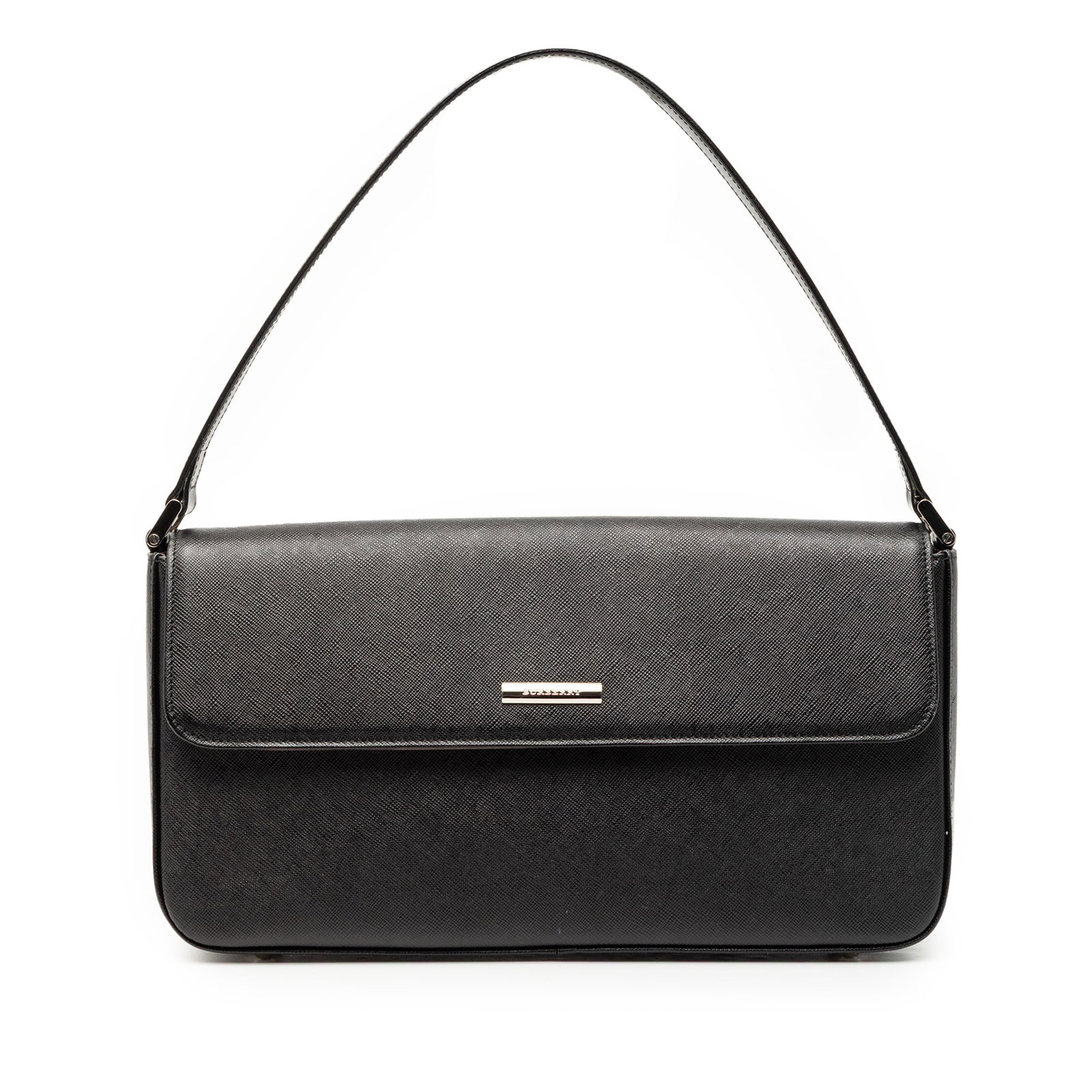 Black Leather Shoulder Bag by Burberry with Flap Closure: Black Leather Shoulder Bag by Burberry with Flap Closure This Burberry shoulder bag features a black leather body with a flat leather shoulder strap. The design includes a flap with magnetic snap clos