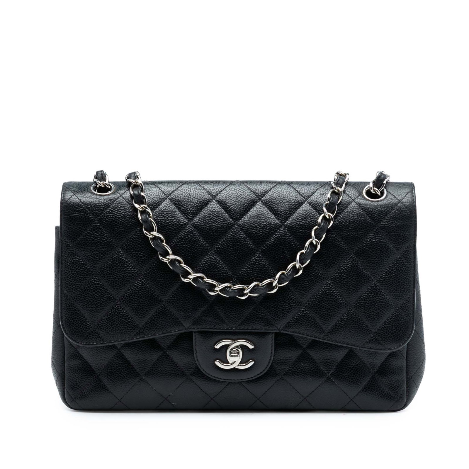 Black Chanel Jumbo Caviar Leather Quilted Double Flap Shoulder Bag: Black Chanel Jumbo Caviar Leather Quilted Double Flap Shoulder Bag This Chanel Jumbo Classic Caviar Double Flap shoulder bag features a quilted caviar leather exterior in black, leather-woven chain st