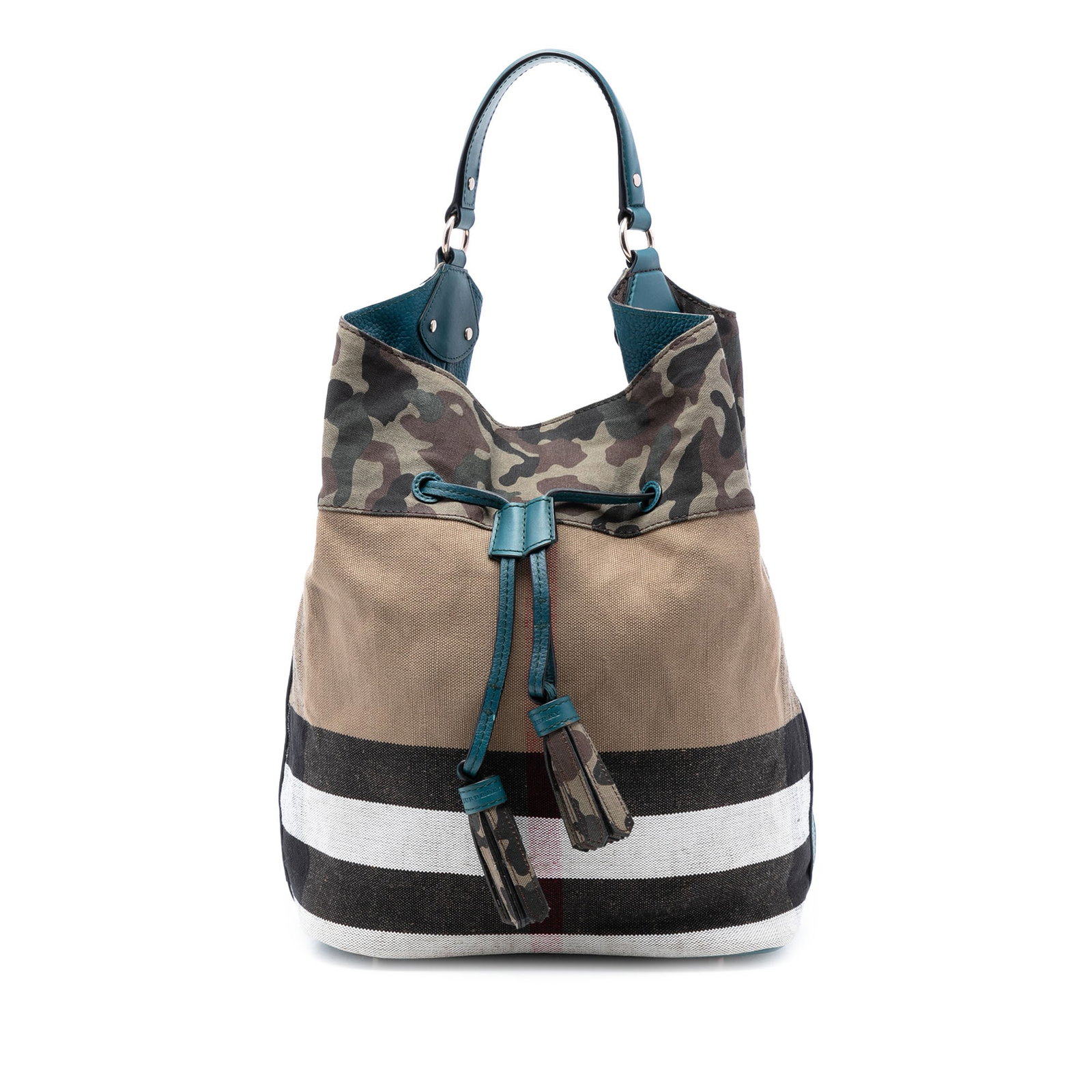 Burberry Susanna Bucket Bag Mega Check Canvas Camouflage with Tassel: Burberry Susanna Bucket Bag Mega Check Canvas Camouflage with Tassel This Burberry Susanna Tassel Bucket Bag features a mega check canvas body with leather trim, a flat leather handle, an open top wit