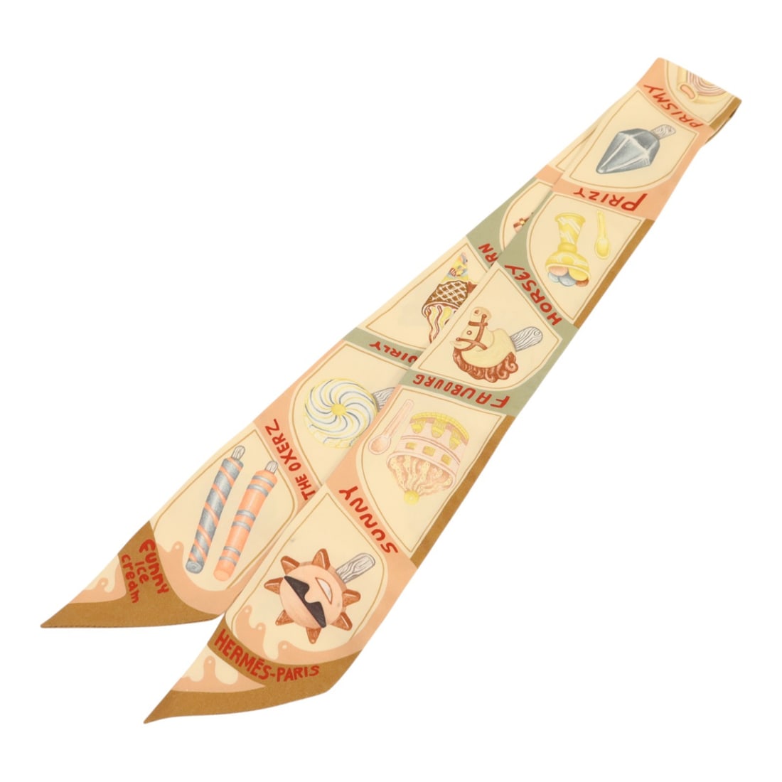 Hermes Silk Twilly Scarf in Beige Brown Pink Multicolor: Hermes Silk Twilly Scarf in Beige Brown Pink Multicolor Hermes Twilly scarf crafted from silk, featuring a beige, brown, pink, and multicolor design. Designed for women, this scarf offers a stylish ac