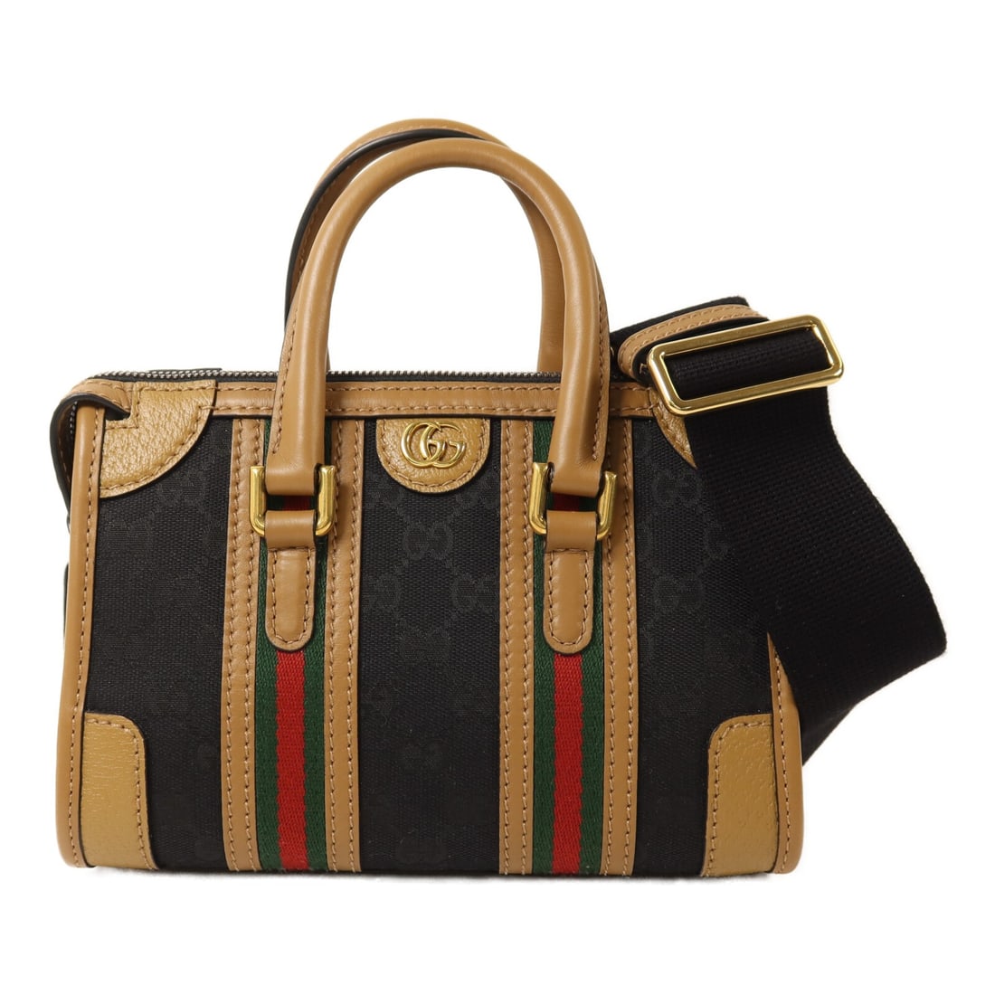 Gucci GG Mini Black Brown Canvas Leather Top Handle Gold Hardware Bag: Gucci GG Mini Black Brown Canvas Leather Top Handle Gold Hardware Bag This GUCCI GG mini top handle 2-way shoulder bag is crafted from GG canvas with leather accents in black and brown. Designed for w