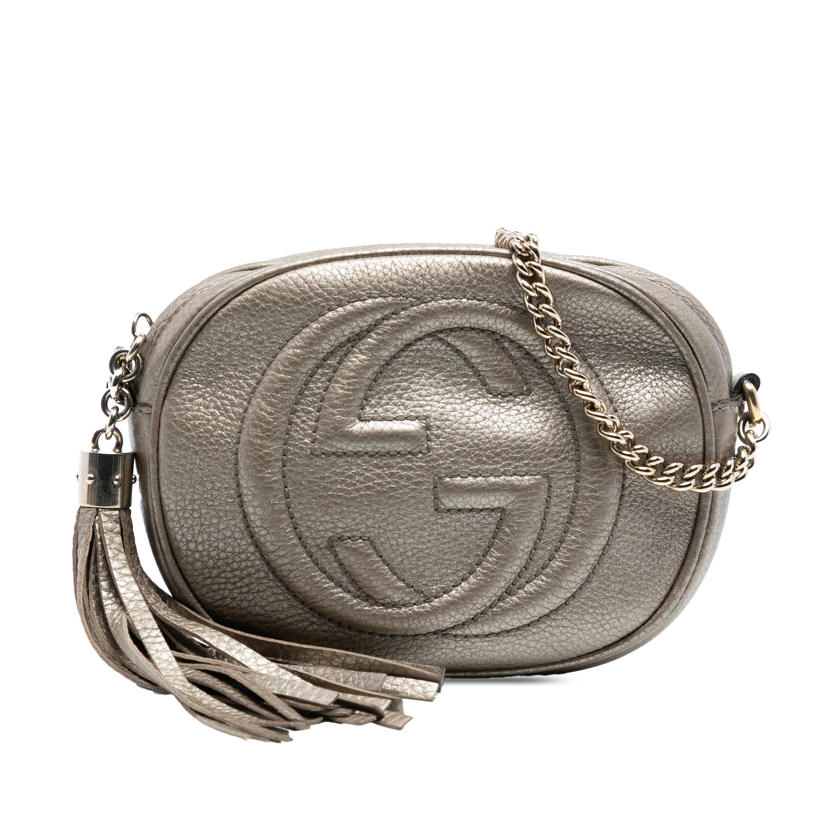 Gucci Soho Mini Gold Leather Crossbody with Chain Strap: Gucci Soho Mini Gold Leather Crossbody with Chain Strap This Gucci Mini Metallic Pebbled Calfskin Soho Chain Crossbody features a metallic leather body in gold, a chain link shoulder strap, a top zip 