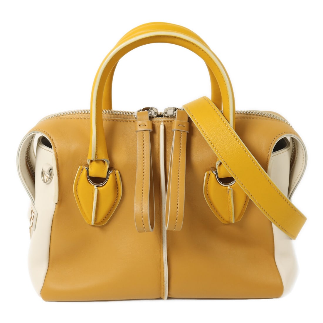 Yellow and White Calfskin Leather Two Way Shoulder Bag by TOD'S: Yellow and White Calfskin Leather Two Way Shoulder Bag by TOD'S This TOD'S 2-way shoulder bag features a stylish combination of yellow, white, and brown calfskin leather. Designed for women, it offers