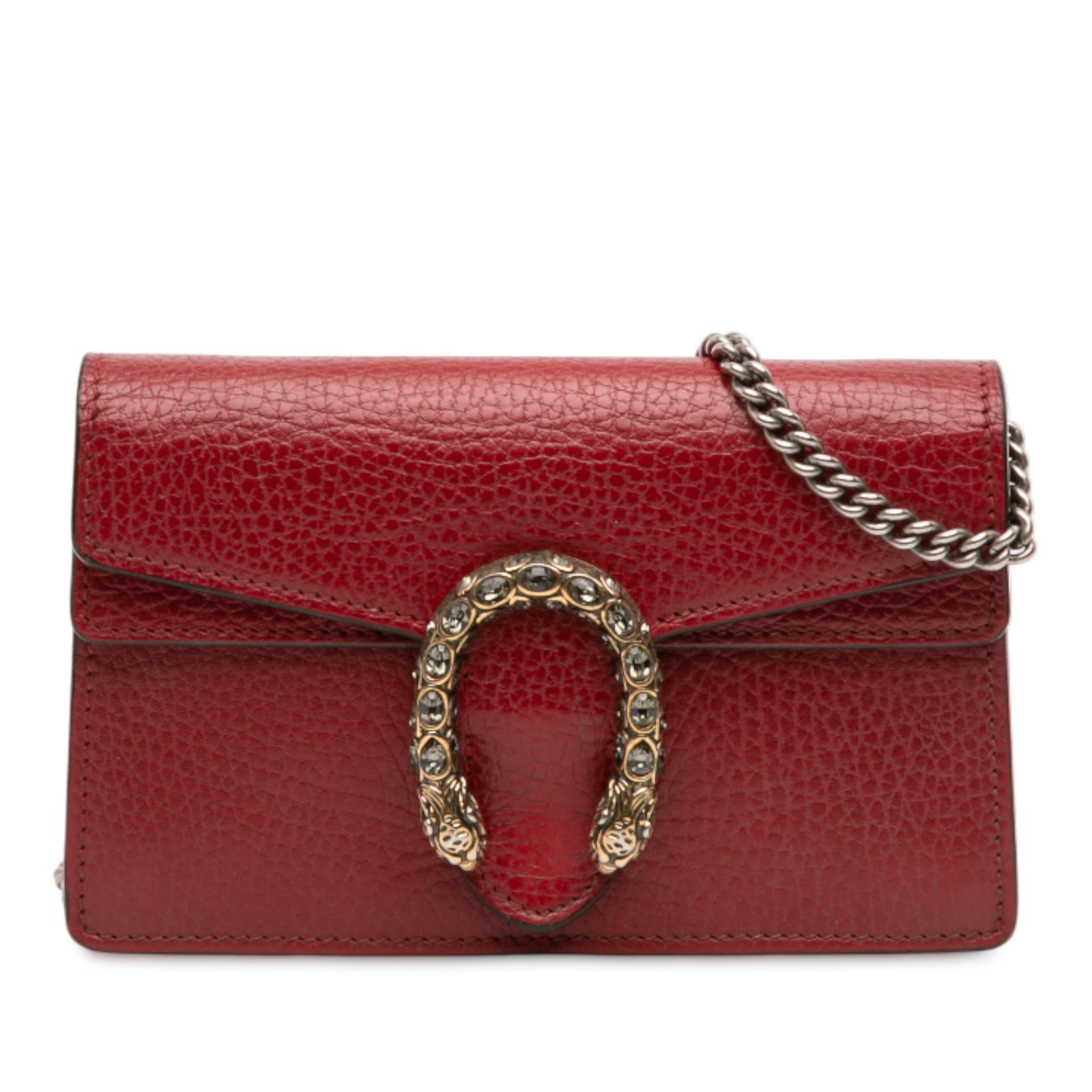 Red Leather Dionysus Mini Crossbody Bag by Gucci: Red Leather Dionysus Mini Crossbody Bag by Gucci This Gucci Mini Leather Dionysus Crossbody bag features a red leather body, a silver-tone curb chain link strap, and a flap with magnetic snap closure.
