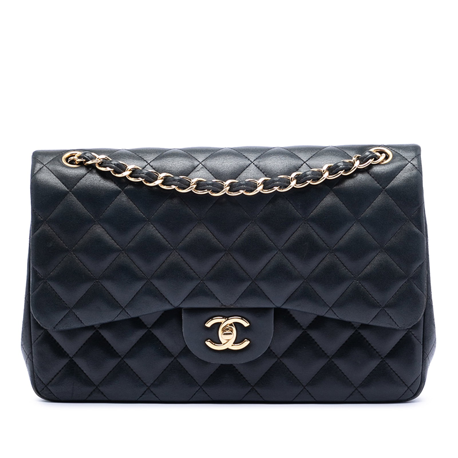 Black Chanel Lambskin Jumbo Double Flap Shoulder Bag with CC Turn Lock: Black Chanel Lambskin Jumbo Double Flap Shoulder Bag with CC Turn Lock This Chanel Jumbo Classic Double Flap shoulder bag is crafted from quilted black lambskin leather and features leather-woven chai