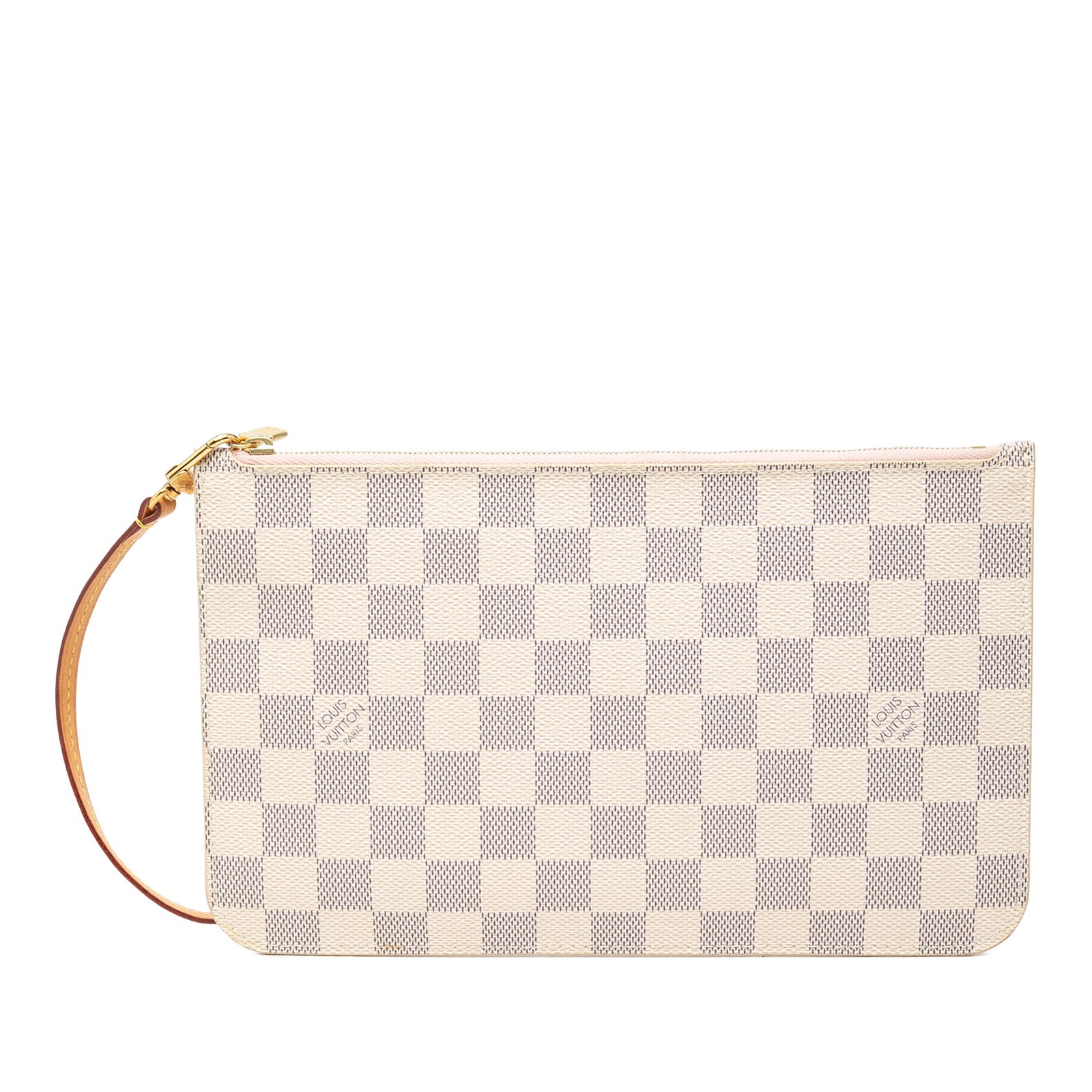 Damier Azur Canvas Neverfull MM Pouch Wristlet by Louis Vuitton: Damier Azur Canvas Neverfull MM Pouch Wristlet by Louis Vuitton This Louis Vuitton Neverfull MM pouch features the iconic Damier Azur canvas with a flat vachetta leather wrist strap, a secure top zip 