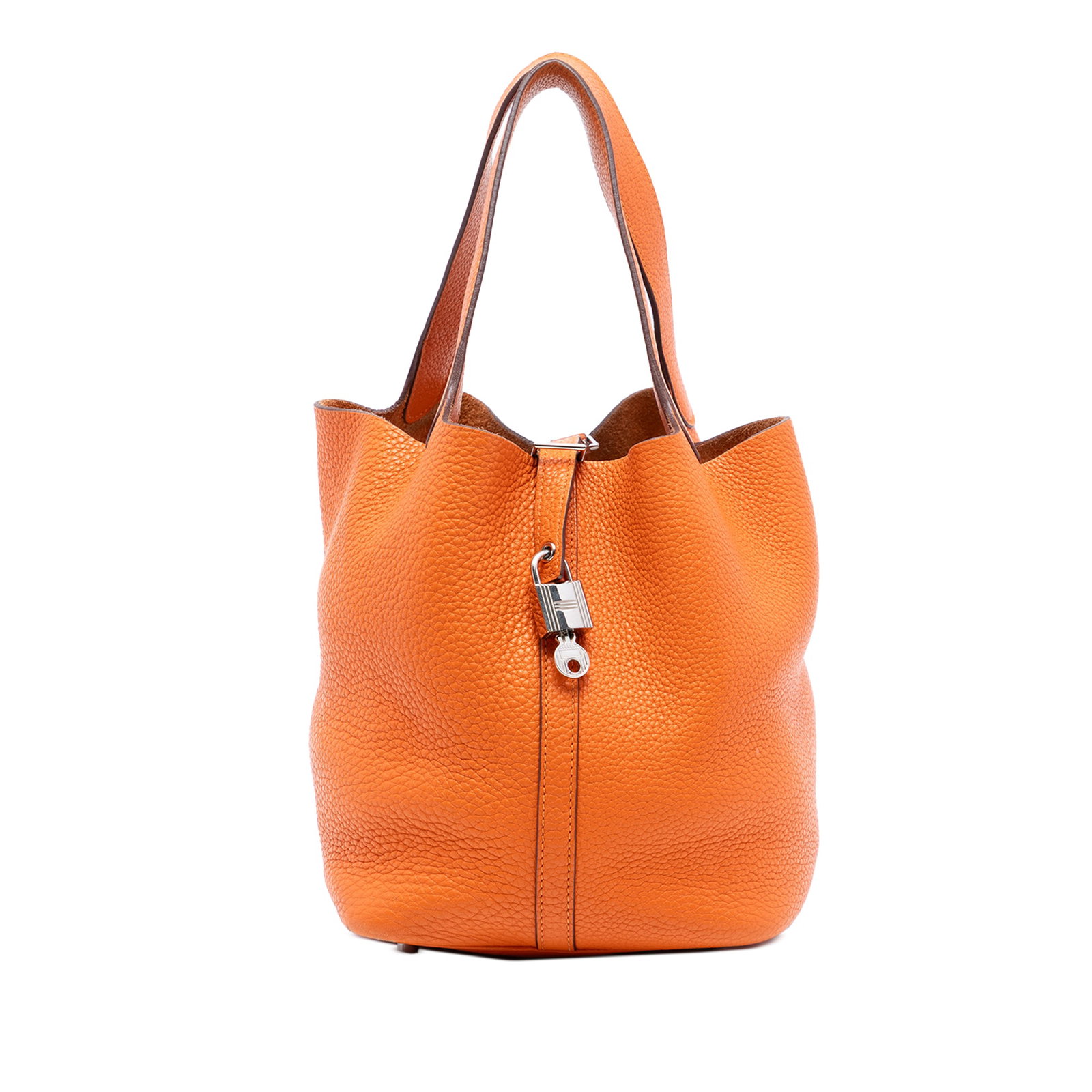 Hermes Picotin Lock 22 Orange Clemence Leather Handbag France: Hermes Picotin Lock 22 Orange Clemence Leather Handbag France The Hermes Clemence Picotin Lock 22 features an orange Clemence leather body with flat leather handles and an open top secured by a pull-t