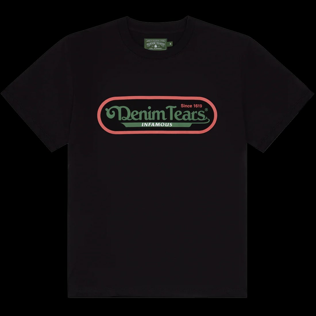 Infamous Black Graphic T-Shirt by Denim Tears Size Extra Large: Infamous Black Graphic T-Shirt by Denim Tears Size Extra Large The Denim Tears Infamous Black Tee features a bold front graphic that celebrates Black identity and history, reflecting the brand's signa