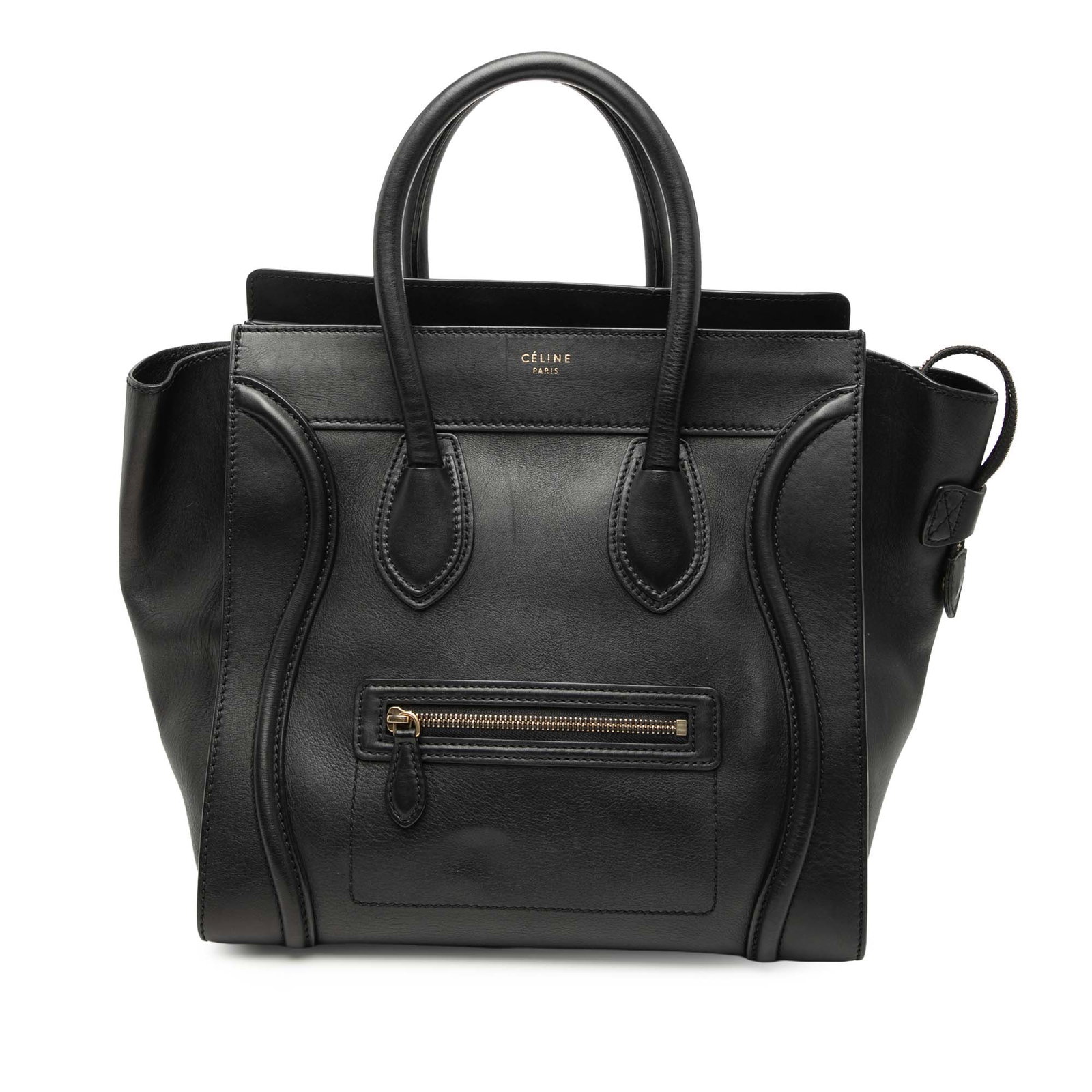 Black Leather Mini Luggage Tote Bag by Celine Italy: Black Leather Mini Luggage Tote Bag by Celine Italy This Celine Mini Leather Luggage Tote features a leather body with rolled top handles, a top zip closure, an exterior front zip pocket, and interior