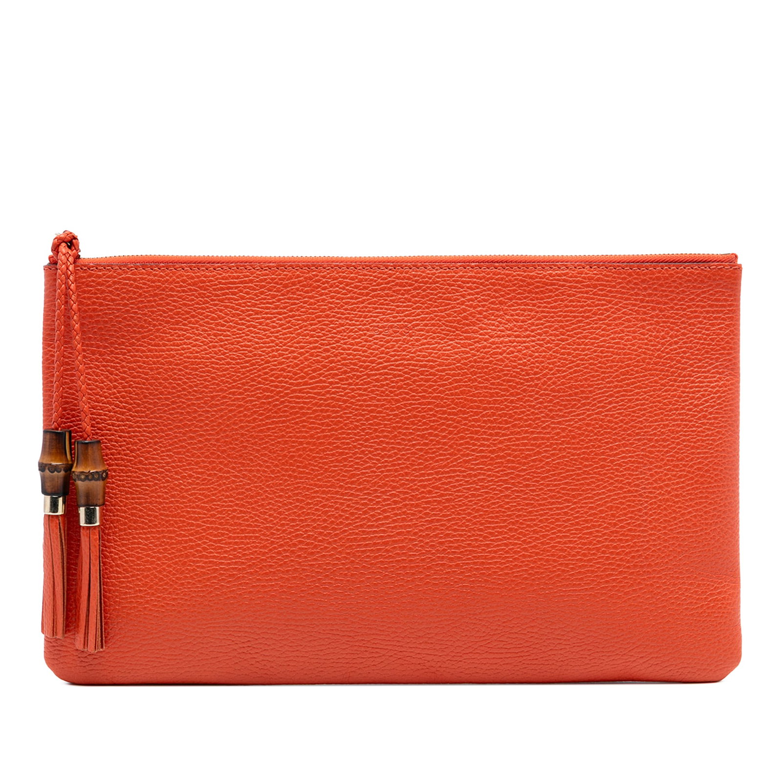 Gucci Bamboo Tassel Orange Leather Clutch with Zip Top: Gucci Bamboo Tassel Orange Leather Clutch with Zip Top This clutch bag is crafted from leather and features a top zip closure with a distinctive bamboo tassel zipper pull. The interior includes a slip