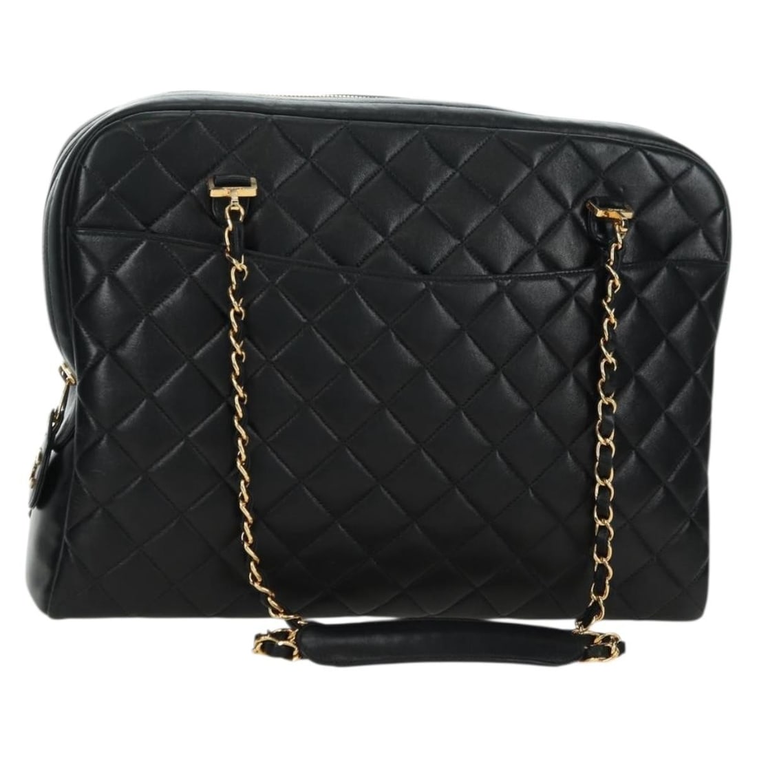 CHANEL Black Gold Lamb Skin Shoulder Bag with Dust Bag Card: CHANEL Black Gold Lamb Skin Shoulder Bag with Dust Bag Card This CHANEL chain shoulder bag is crafted from luxurious lambskin leather in black with gold-tone accents. The bag features a classic CC det