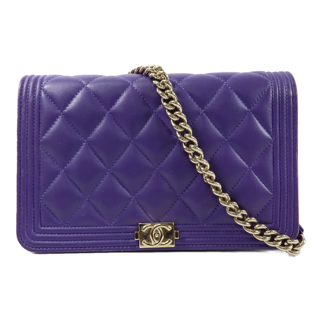 Chanel Boy Wallet on Chain Purple Lambskin Shoulder Bag Gold Hardware: Chanel Boy Wallet on Chain Purple Lambskin Shoulder Bag Gold Hardware This CHANEL Boy Wallet On Chain (WOC) shoulder bag features a classic CC design with a luxurious lambskin leather exterior in purp