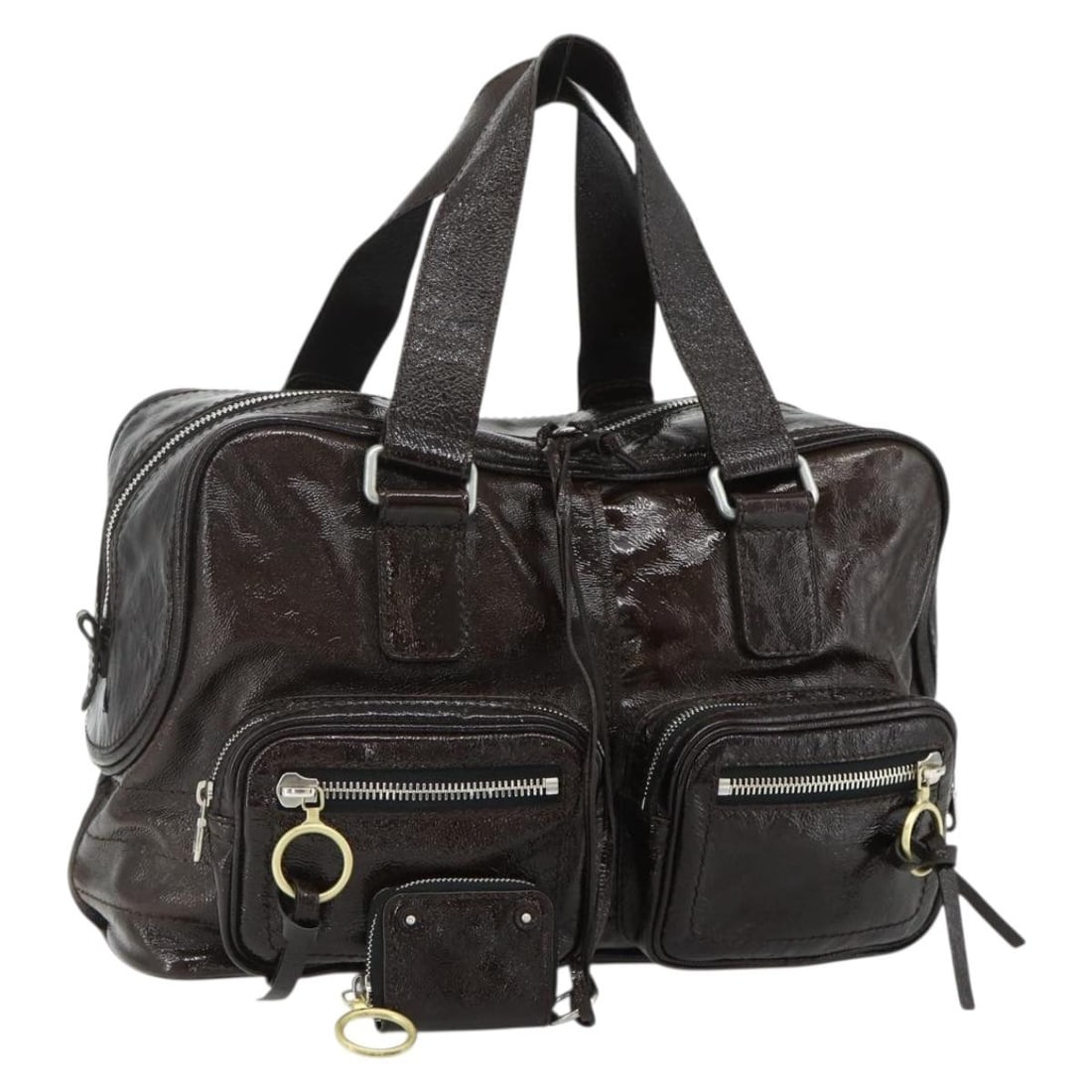 Chloe Betty Patent Leather Brown Gold Silver Handbag with Pouch: Chloe Betty Patent Leather Brown Gold Silver Handbag with Pouch This Chloe Betty handbag features a stylish combination of brown, gold, and silver patent leather. Crafted in Italy, it offers a spaciou