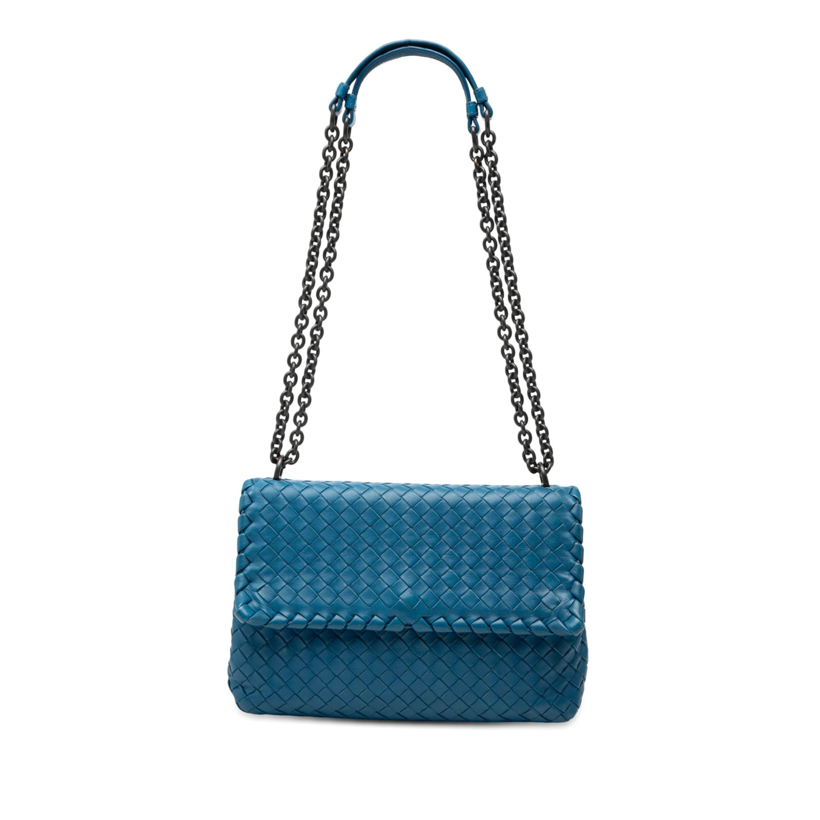 Bottega Veneta Olimpia Small Blue Leather Shoulder Bag with Chain Strap: Bottega Veneta Olimpia Small Blue Leather Shoulder Bag with Chain Strap This Bottega Veneta Small Nappa Intrecciato Olimpia Shoulder Bag features a woven leather exterior in blue, complemented by chai
