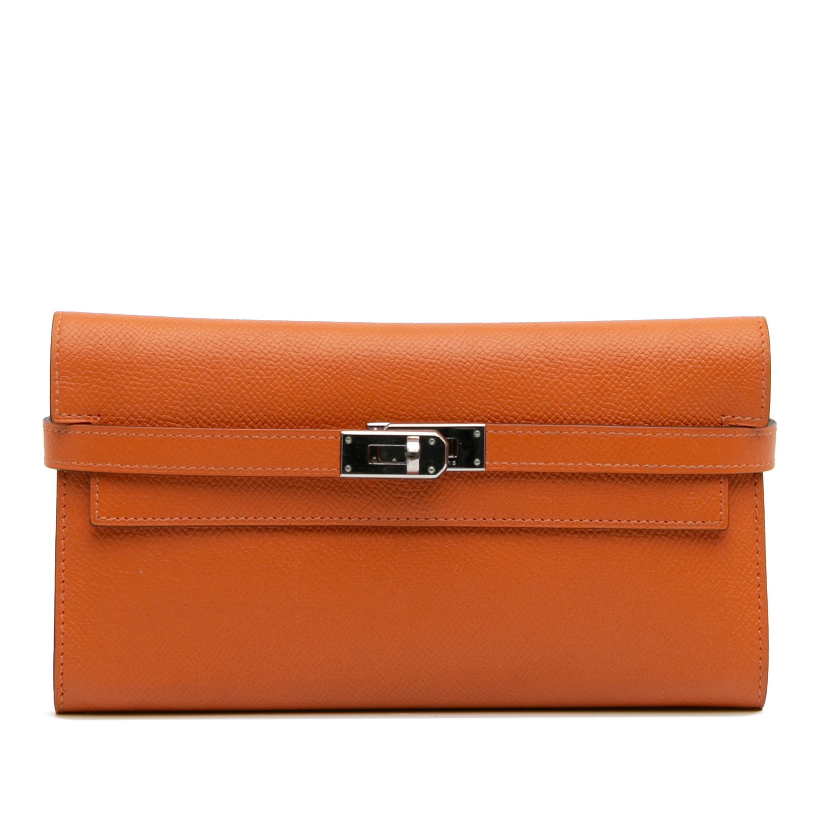 Hermes Epsom Kelly Longue Wallet in Orange Leather: Hermes Epsom Kelly Longue Wallet in Orange Leather Elevate your accessory collection with the Hermes Epsom Kelly Longue Wallet, crafted from luxurious Epsom leather in a vibrant orange hue. This walle