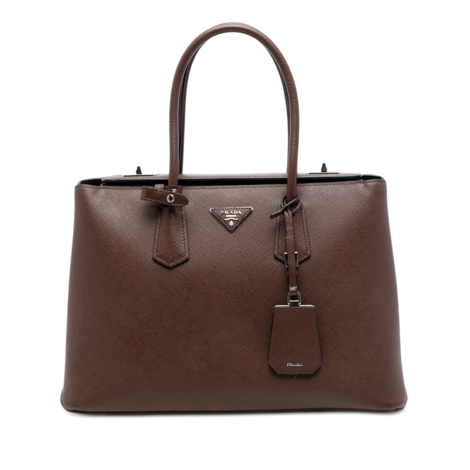 Prada Saffiano Cuir Leather Satchel with Turnlock Flap: Prada Saffiano Cuir Leather Satchel with Turnlock Flap This Prada Saffiano Cuir Turnlock Twin Satchel features a saffiano leather body, rolled leather handles, and a top flap with turn lock closures. 