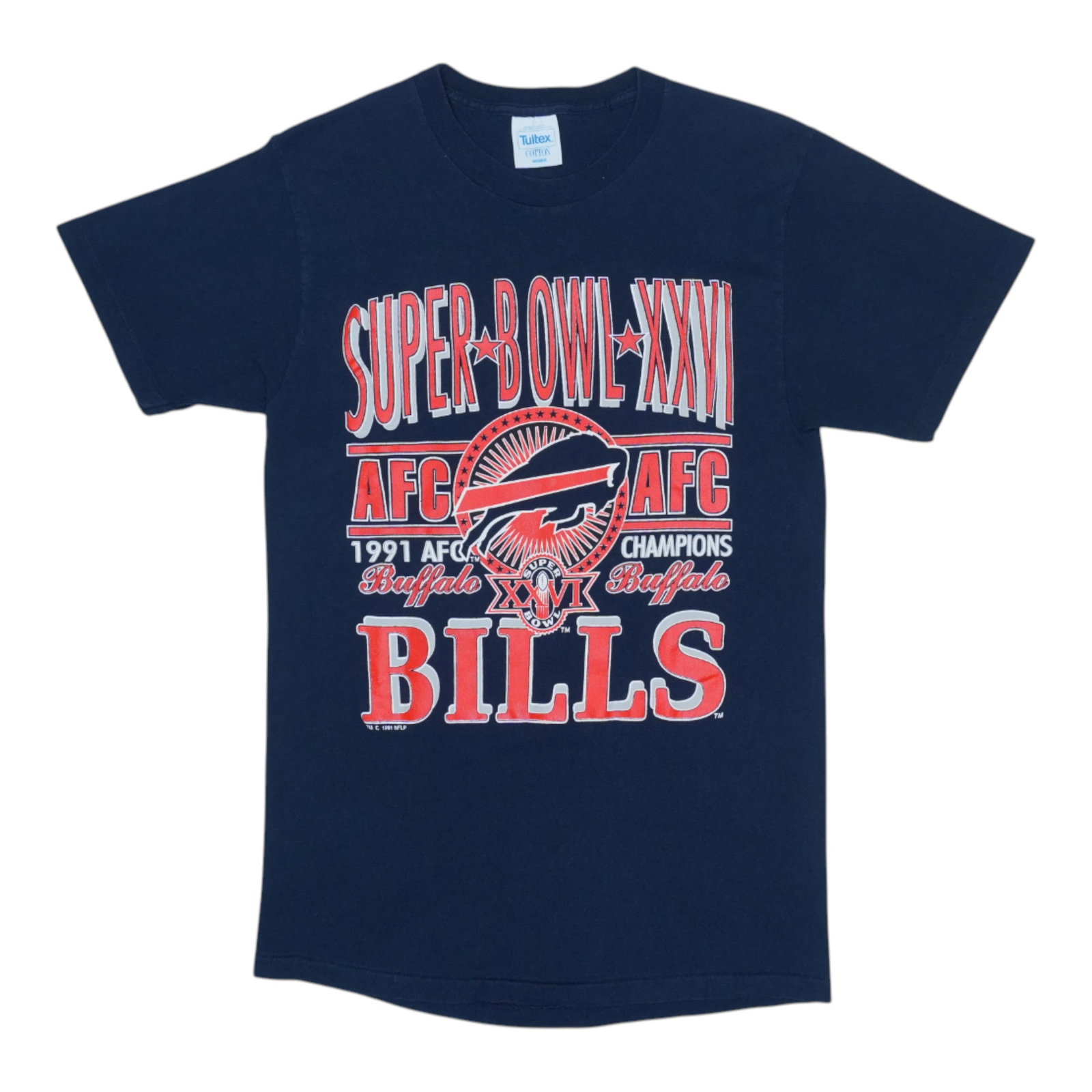 Vintage 1991 Buffalo Bills Super Bowl Blue Cotton T-Shirt: Vintage 1991 Buffalo Bills Super Bowl Blue Cotton T-Shirt This is an original vintage 1991 Buffalo Bills Super Bowl shirt. The shirt is made from 100% cotton and comes in blue. It features no back gra