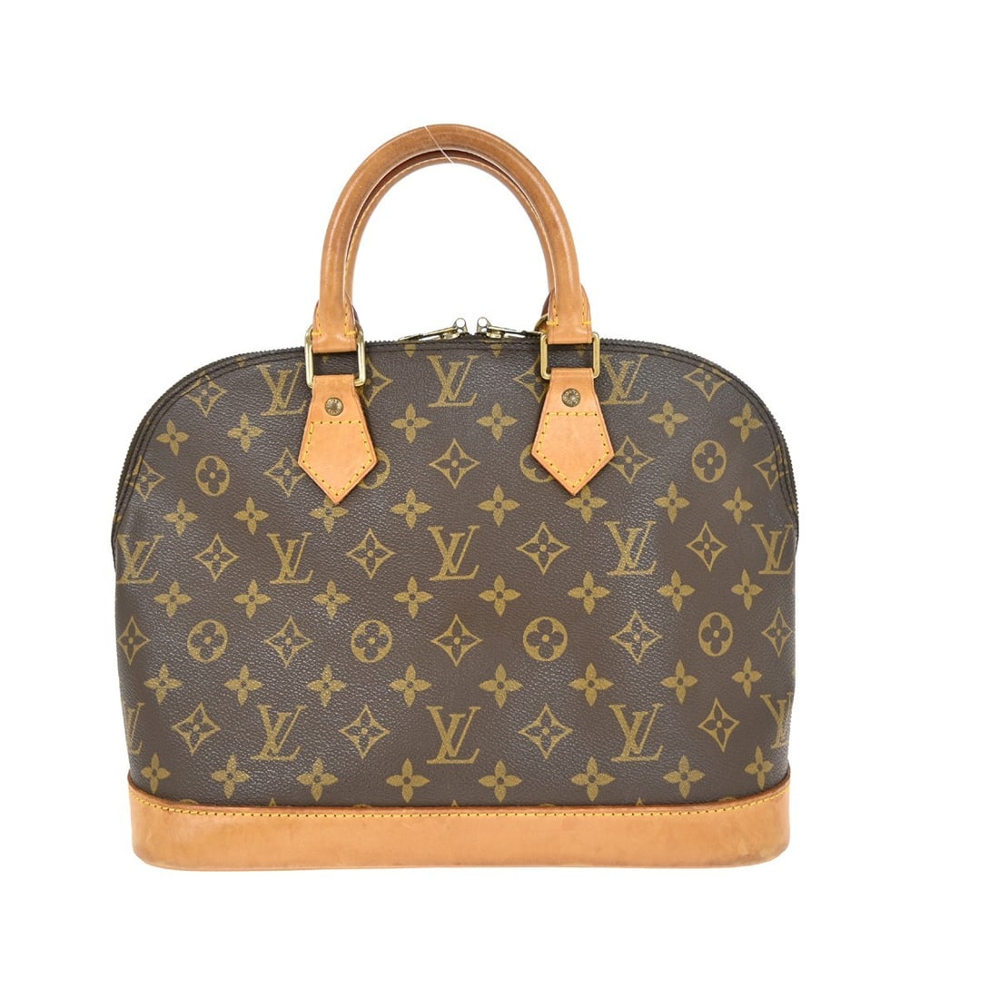Louis Vuitton Alma Brown Monogram Canvas Medium Handbag M51130: Louis Vuitton Alma Brown Monogram Canvas Medium Handbag M51130 This Louis Vuitton Alma handbag features the signature Monogram canvas exterior with beige double handles and a zip closure. The medium-s