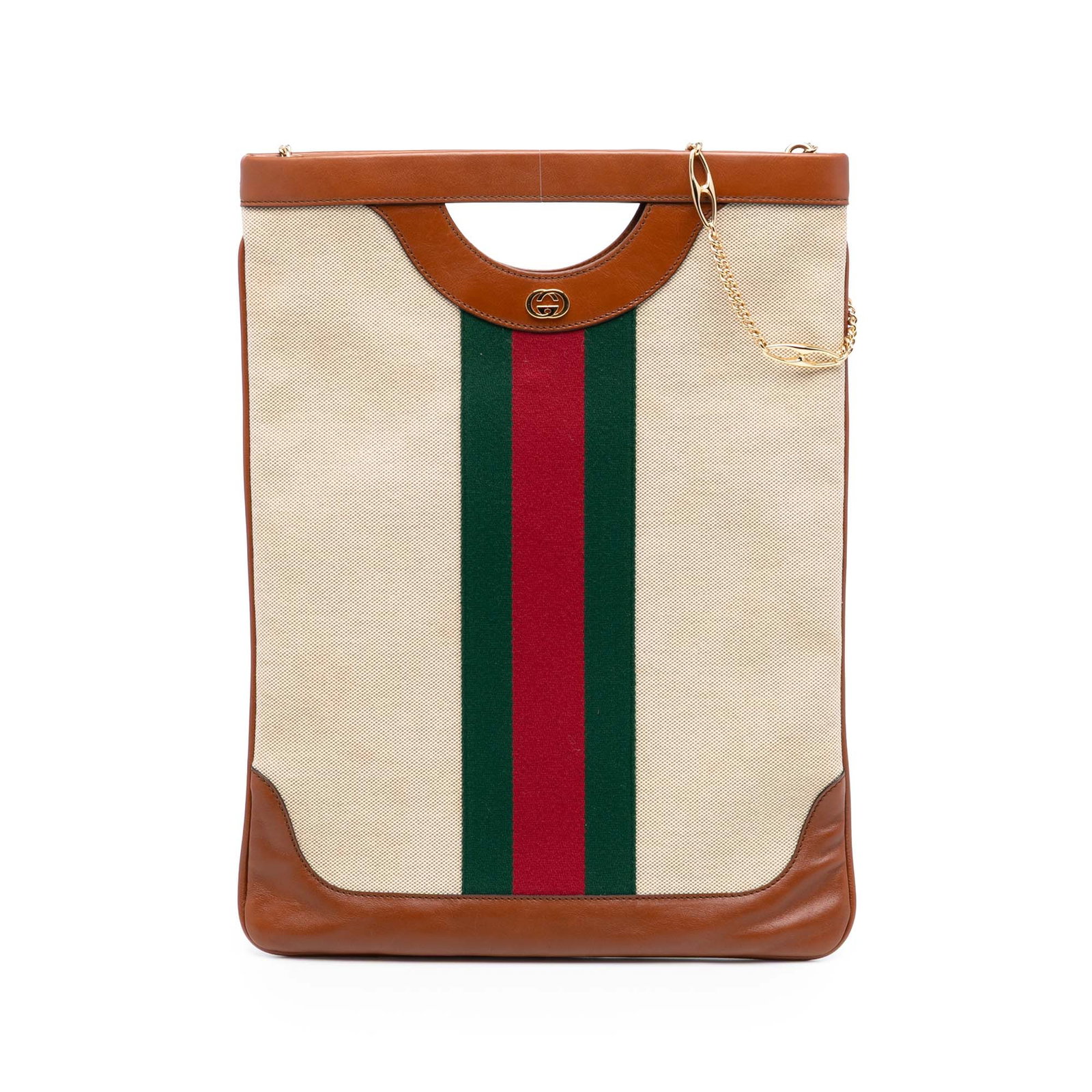 Gucci Brown Canvas Satchel with Leather Trim and Chain Strap: Gucci Brown Canvas Satchel with Leather Trim and Chain Strap This Gucci Canvas Web Satchel features a canvas body with leather trim, flat leather handles, a chain strap, an open top, and a zip pouch. 