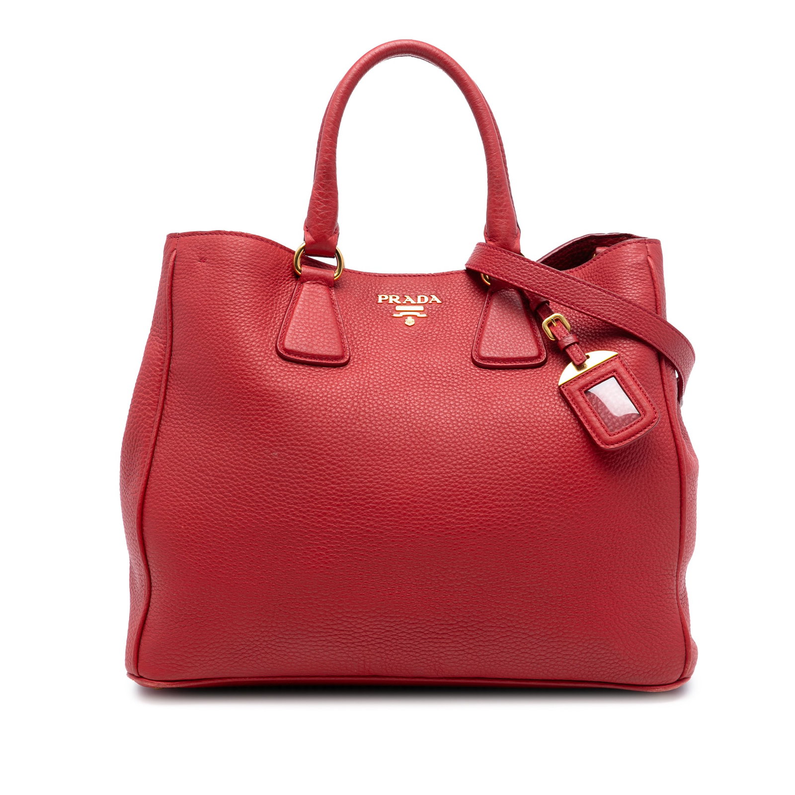 Prada Vitello Daino Red Leather Satchel with Convertible Strap: Prada Vitello Daino Red Leather Satchel with Convertible Strap This Prada Vitello Daino Open Convertible Tote features a leather body in red, rolled leather handles, a detachable flat shoulder strap, 