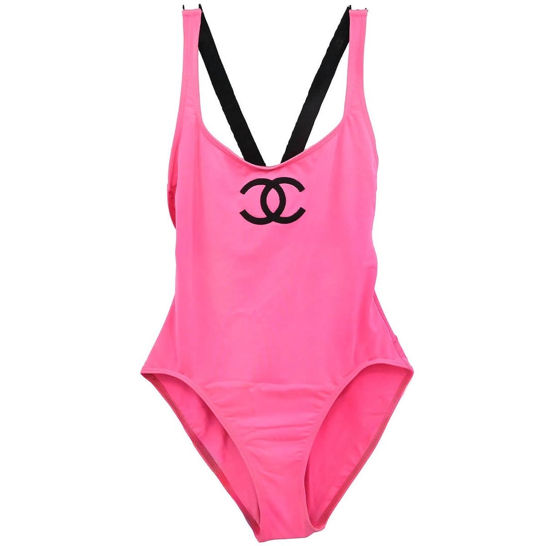 Pink Chanel Logo One-Piece Swimsuit Size 38: Pink Chanel Logo One-Piece Swimsuit Size 38 This Chanel women's swimsuit features a vibrant pink color and is crafted from a blend of 80% nylon and 20% spandex for a comfortable, figure-flattering fit