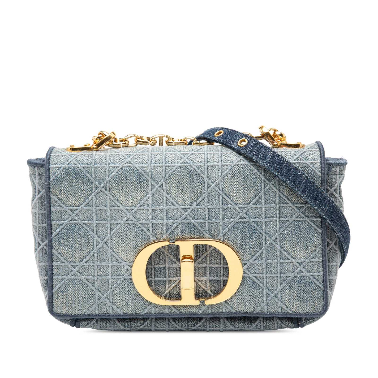 Dior Caro Blue Denim Quilted Small Shoulder Bag with Cannage Embroidery: Dior Caro Blue Denim Quilted Small Shoulder Bag with Cannage Embroidery This Dior Small Embroidered Denim Cannage Caro Bag features a quilted denim body with signature Cannage stitching, a flat denim 