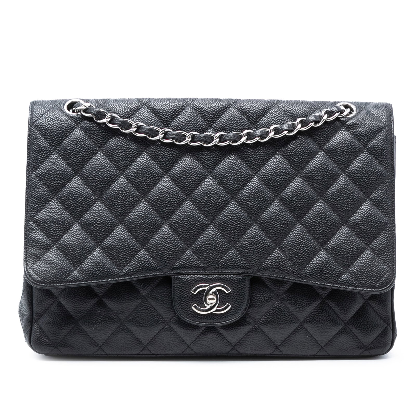 Chanel Maxi Classic Black Caviar Leather Single Flap Shoulder Bag: Chanel Maxi Classic Black Caviar Leather Single Flap Shoulder Bag This Chanel Maxi Classic Caviar Single Flap shoulder bag features a quilted caviar leather body in black, leather-woven chain link str