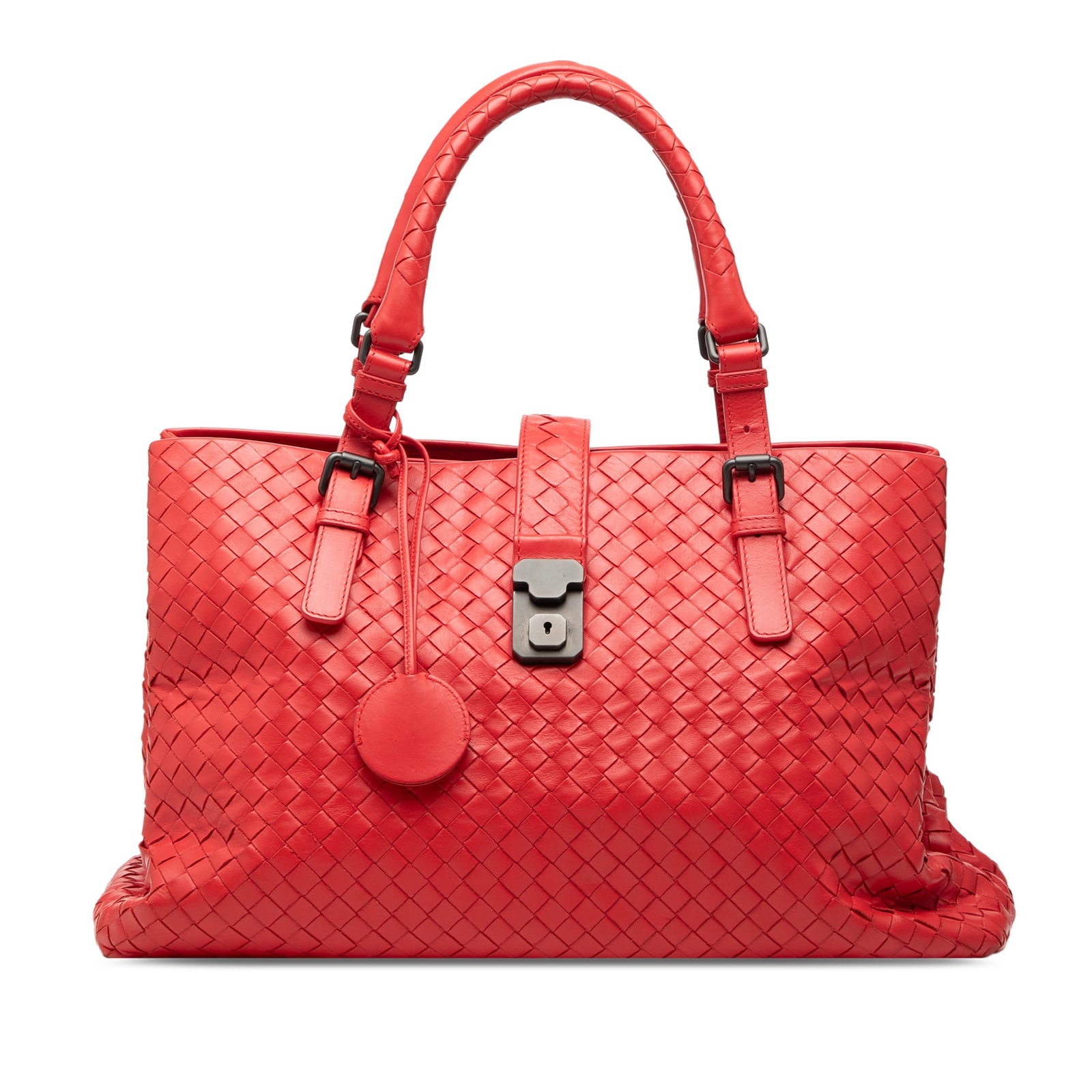 Bottega Veneta Roma Tote Medium Red Nappa Leather Intrecciato Handbag: Bottega Veneta Roma Tote Medium Red Nappa Leather Intrecciato Handbag This Bottega Veneta Medium Nappa Intrecciato Roma Tote features a woven nappa leather body in red, rolled leather handles, a top s
