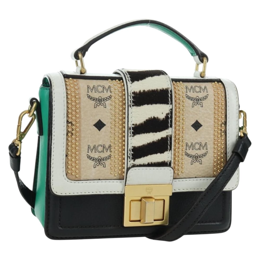MCM Vicetos logogram PVC leather handbag with shoulder strap: MCM Vicetos logogram PVC leather handbag with shoulder strap This MCM Vicetos Logogram handbag features a multicolor and gold PVC leather exterior, offering both style and durability. Designed as a ve