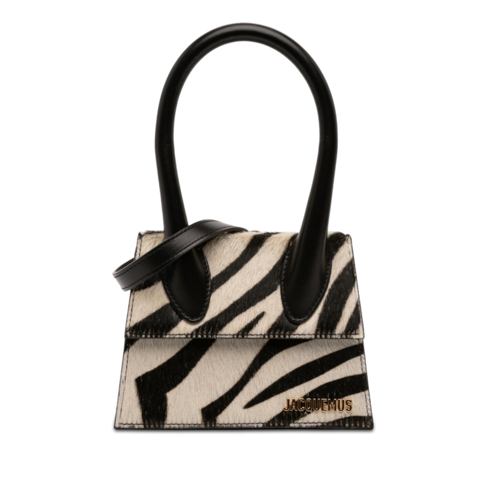 Jacquemus Le Chiquito Moyen Zebra Pony Hair Shoulder Bag with Top Handle: Jacquemus Le Chiquito Moyen Zebra Pony Hair Shoulder Bag with Top Handle This Jacquemus Le Chiquito Moyen handbag features a distinctive pony hair body with a zebra print design. It includes a rolled 