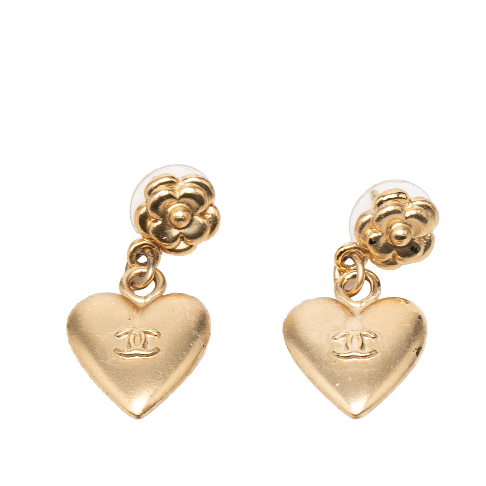 Chanel Heart Drop Earrings with Gold Plated Finish and Push Back Closures: Chanel Heart Drop Earrings with Gold Plated Finish and Push Back Closures These Chanel earrings feature a gold-plated metal body with heart-shaped CC motifs and push-back closures. Made in France, the