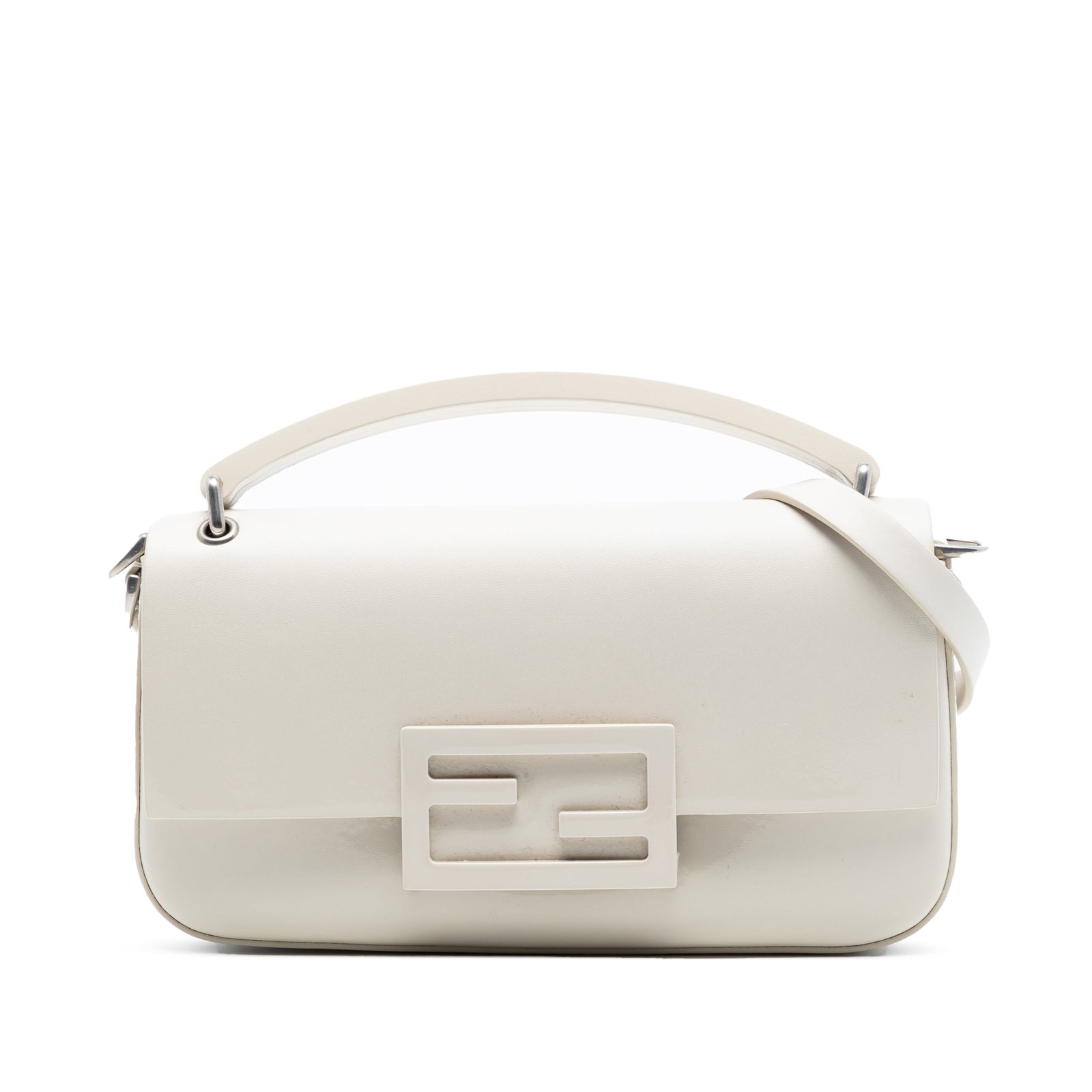 Fendi Baguette Phone Pouch White Leather Crossbody Bag: Fendi Baguette Phone Pouch White Leather Crossbody Bag This Fendi Calfskin Baguette Phone Pouch Satchel features a white leather body, a flat top handle, a detachable flat strap, a front flap with mag