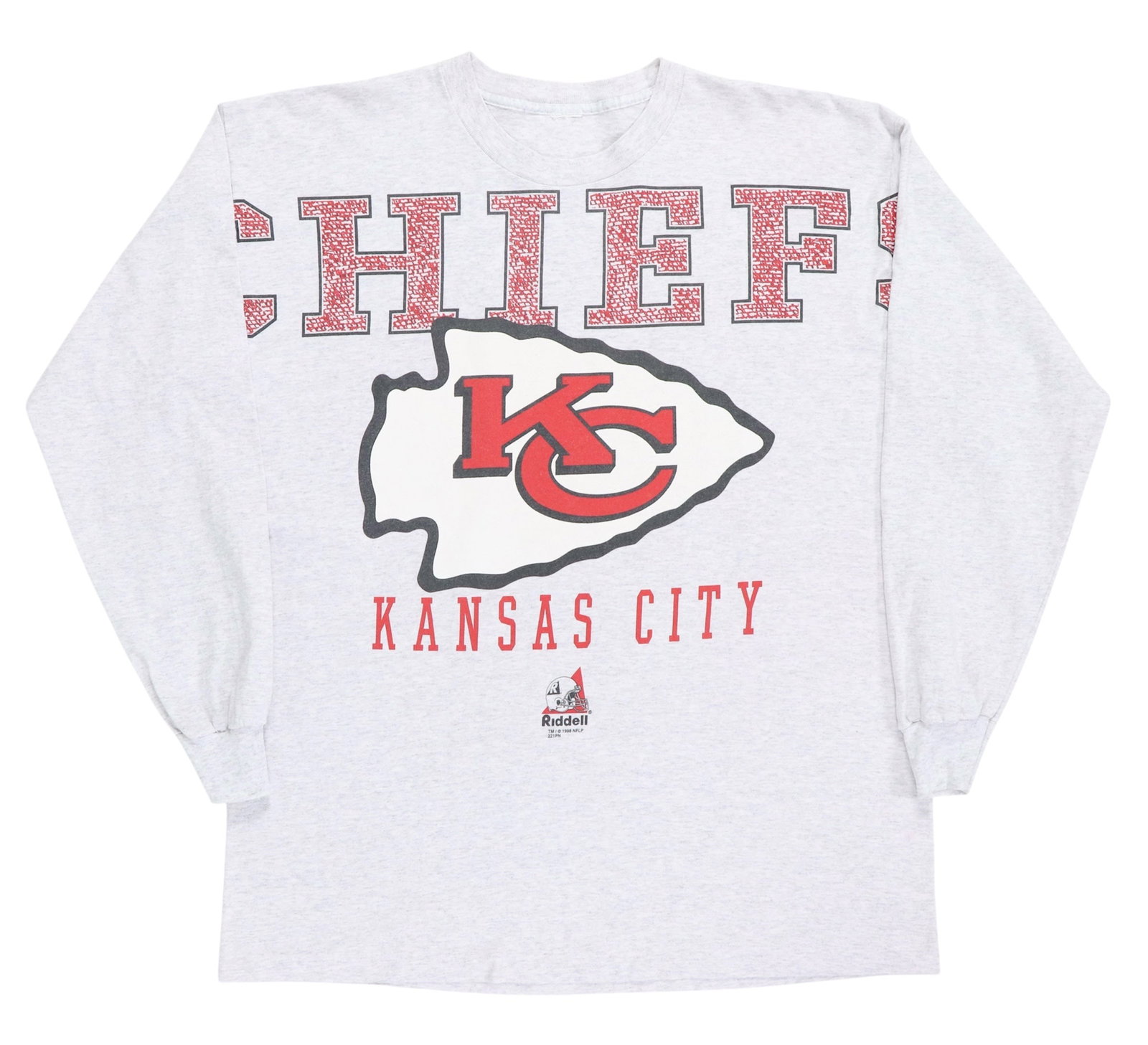 Vintage 1998 Gray Cotton Kansas City Chiefs Long Sleeve Shirt: Vintage 1998 Gray Cotton Kansas City Chiefs Long Sleeve Shirt This is an original vintage 1998 Kansas City Chiefs long sleeve shirt. Made from 100% cotton, the shirt features a classic gray color with