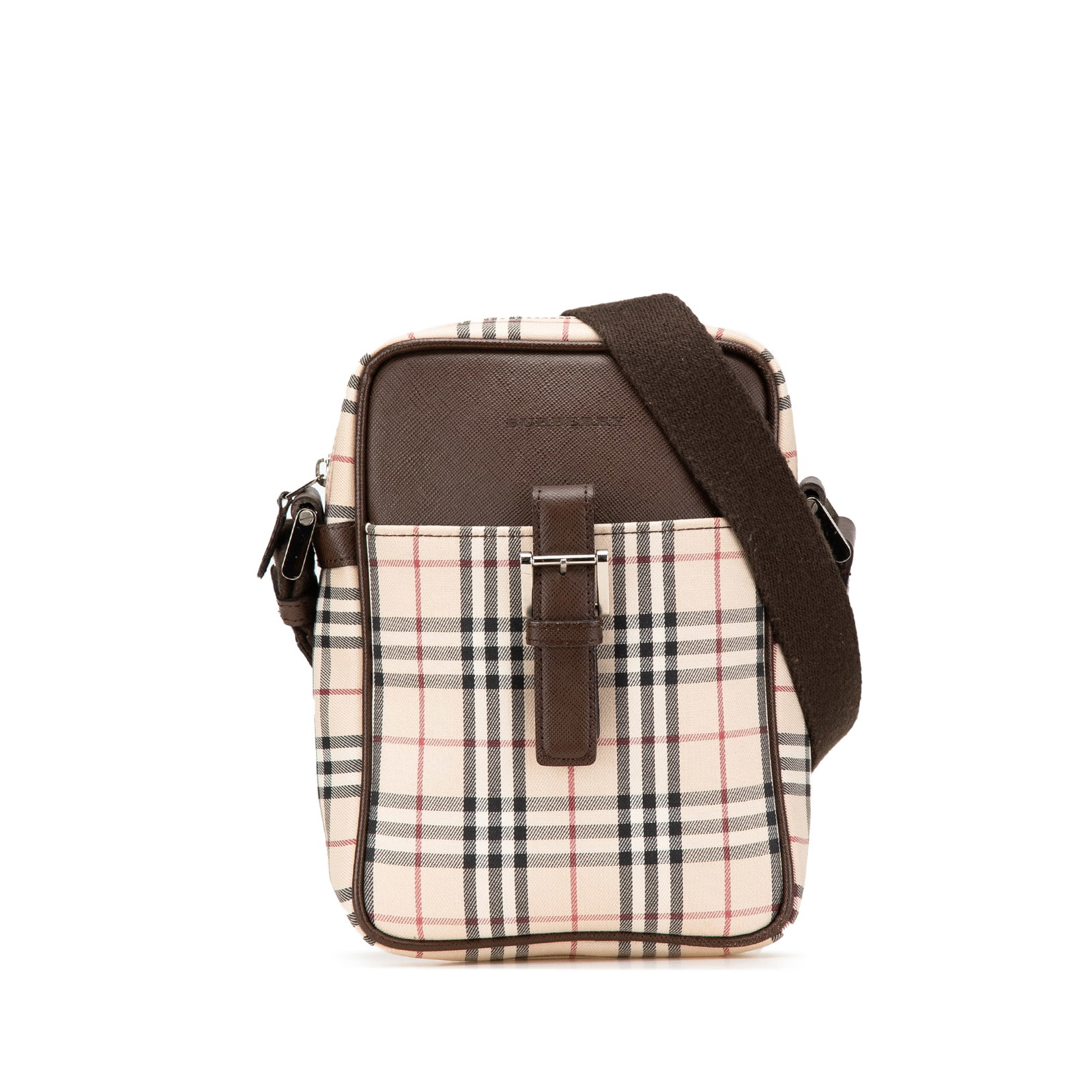 Burberry House Check Canvas Crossbody Bag with Leather Trim: Burberry House Check Canvas Crossbody Bag with Leather Trim This stylish Burberry House Check Canvas Crossbody bag showcases a signature house check canvas body complemented by leather trim. It featur