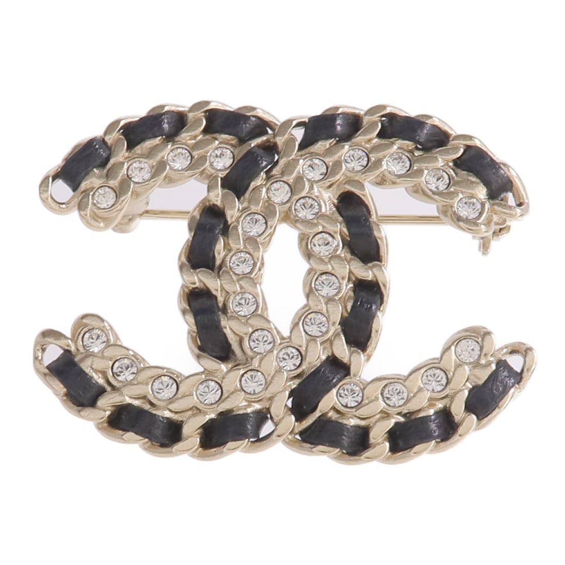 Chanel CC Alure Gold Tone Black Lambskin Brooch: Chanel CC Alure Gold Tone Black Lambskin Brooch This CHANEL brooch features the iconic CC logo with a chain design, crafted from black lambskin leather and metal. Designed for women, it offers a sophi