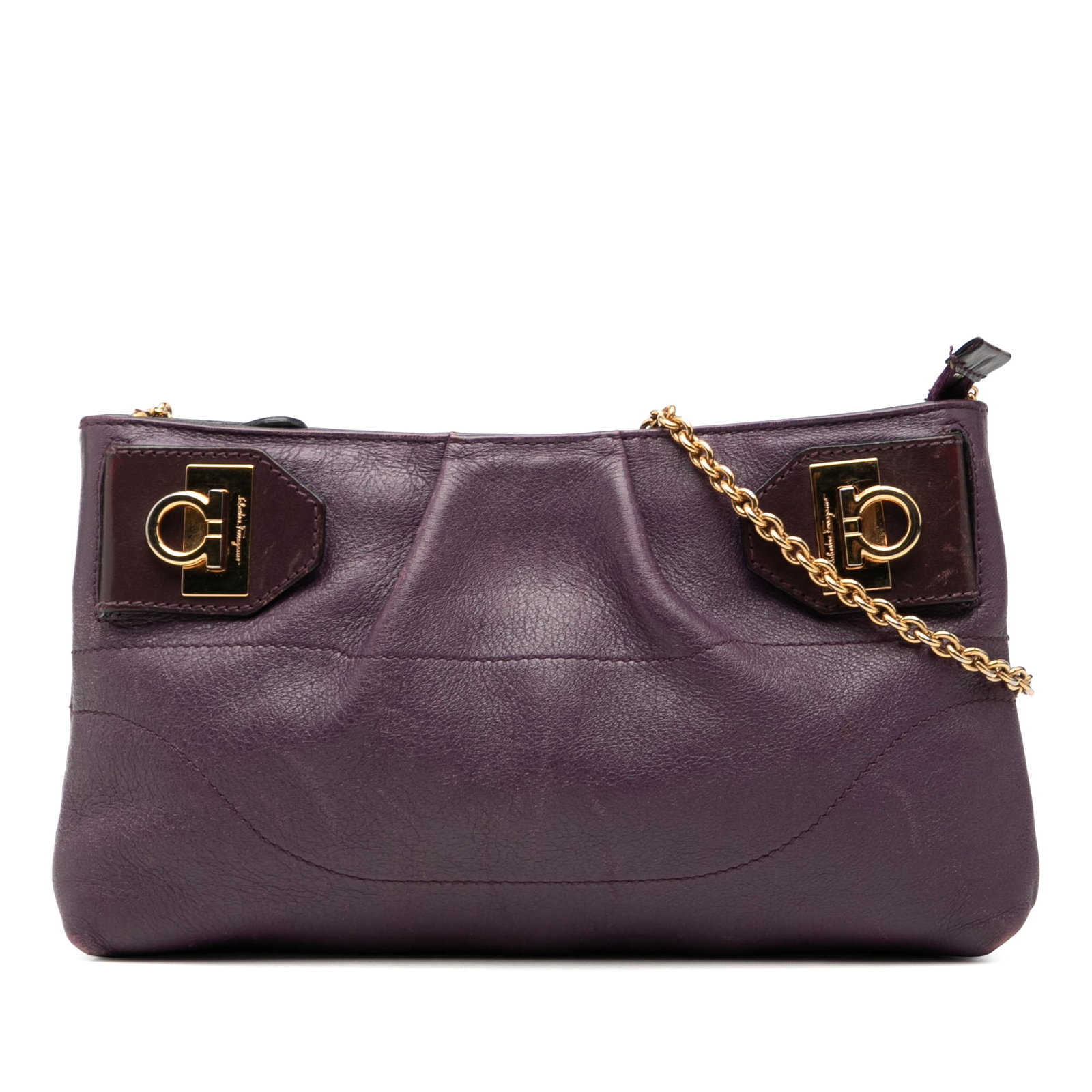 Salvatore Ferragamo Gancini Purple Leather Chain Strap Crossbody Bag: Salvatore Ferragamo Gancini Purple Leather Chain Strap Crossbody Bag This Ferragamo Gancini Chain Crossbody bag is crafted from purple leather and features a chain link shoulder strap and a top zip cl