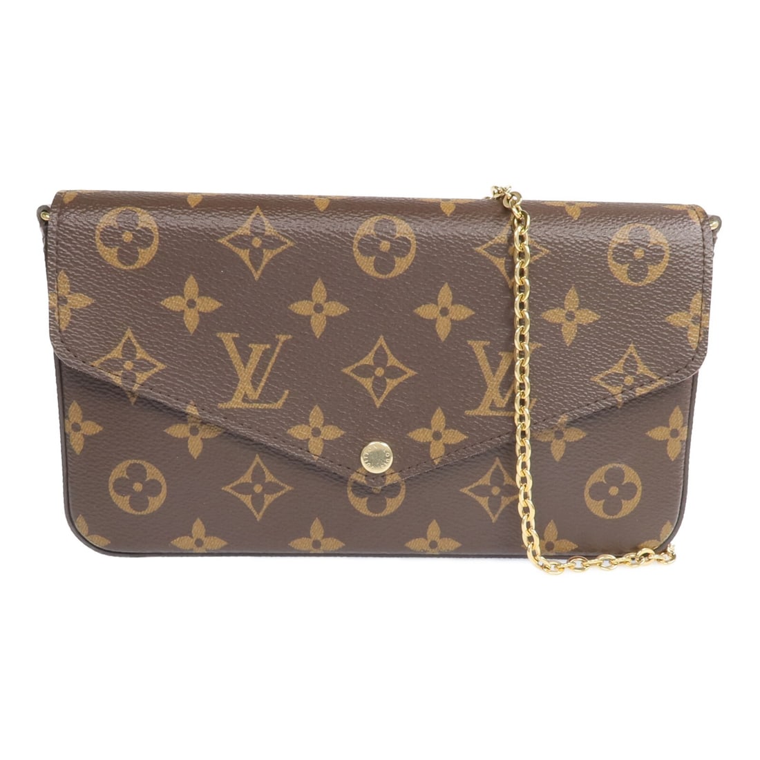Louis Vuitton Felicie Pochette Monogram Brown Shoulder Bag with Chain M81896: Louis Vuitton Felicie Pochette Monogram Brown Shoulder Bag with Chain M81896 This Louis Vuitton Felicie Pochette shoulder bag features a classic Monogram brown PVC coated canvas exterior. The bag is d