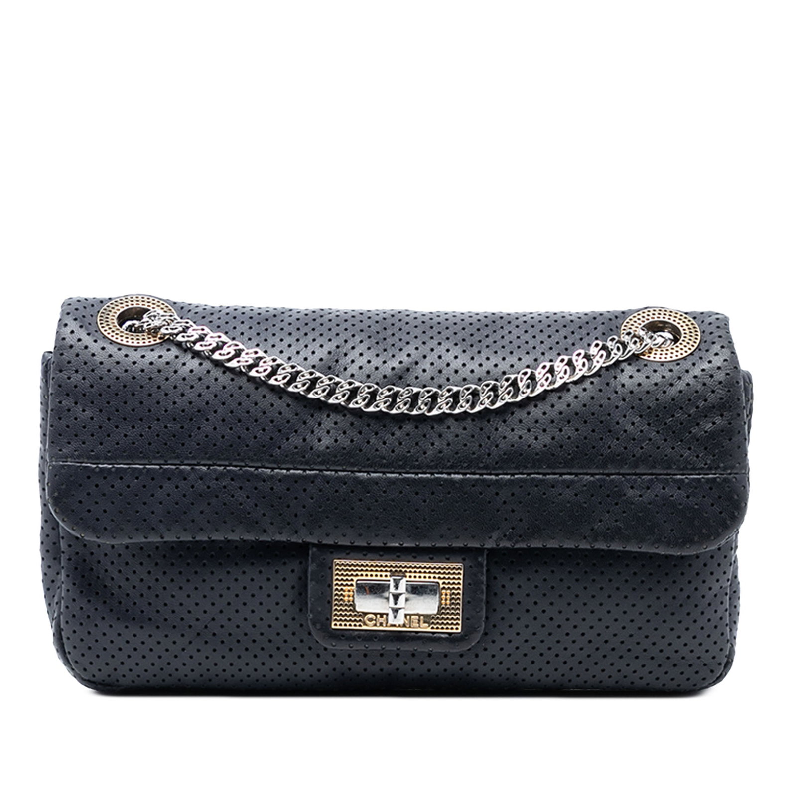 Chanel Small Drill Flap Shoulder Bag Perforated Calfskin Leather: Chanel Small Drill Flap Shoulder Bag Perforated Calfskin Leather This Chanel Small Reissue Perforated Calfskin Drill Flap shoulder bag is crafted from perforated black leather and features chain-link 