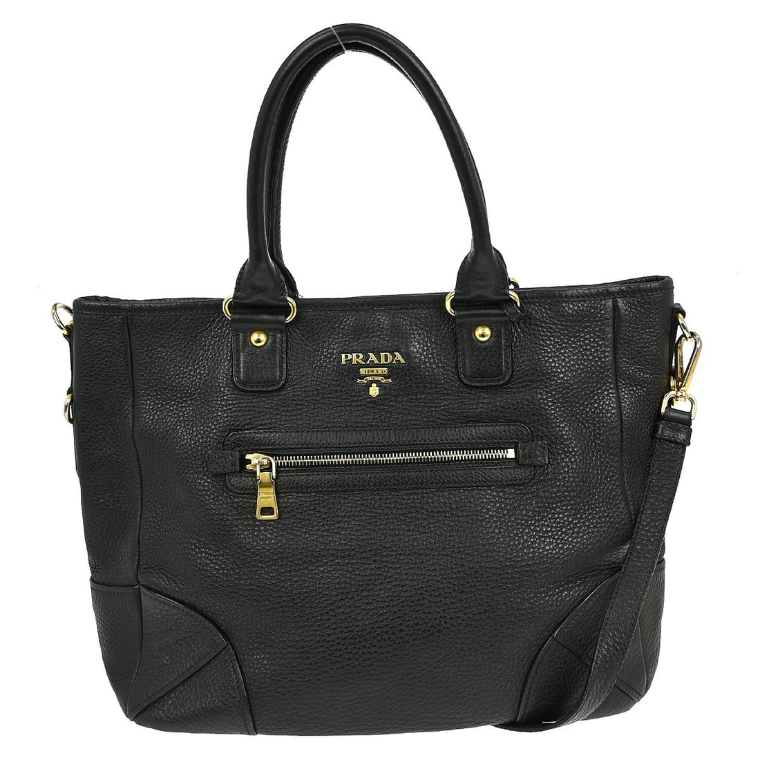Prada Medium Black Leather Top Handle Handbag with Two Carry Options: Prada Medium Black Leather Top Handle Handbag with Two Carry Options This Prada black leather handbag offers versatile carrying options with its 2-way design, featuring both top handles and a shoulder