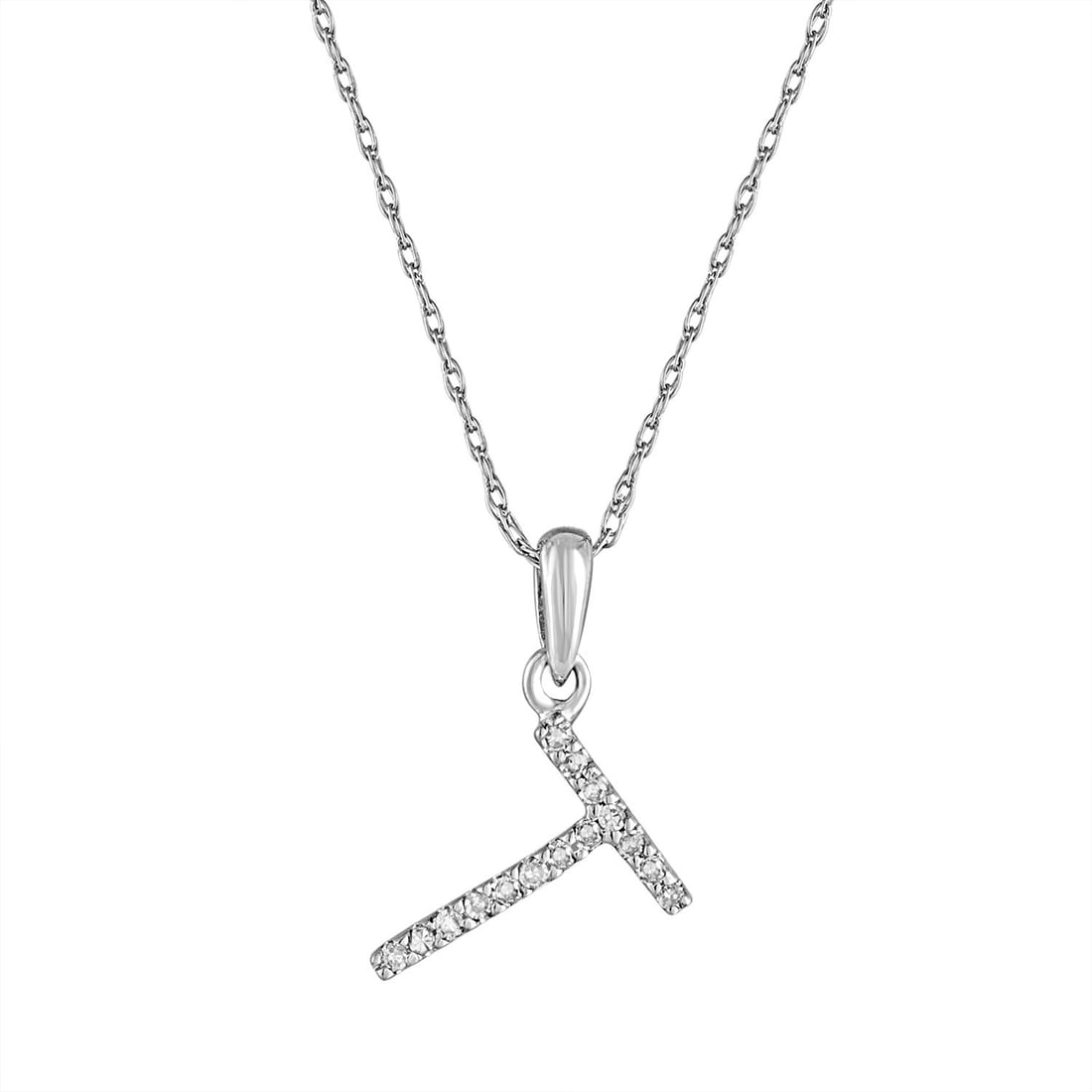 Diamond Pendant Necklace in 14K White Gold with T Initial: Diamond Pendant Necklace in 14K White Gold with T Initial This 14k white gold necklace features a round pendant set with sparkling white diamonds, forming the initial 'T'. The diamonds have a total ca
